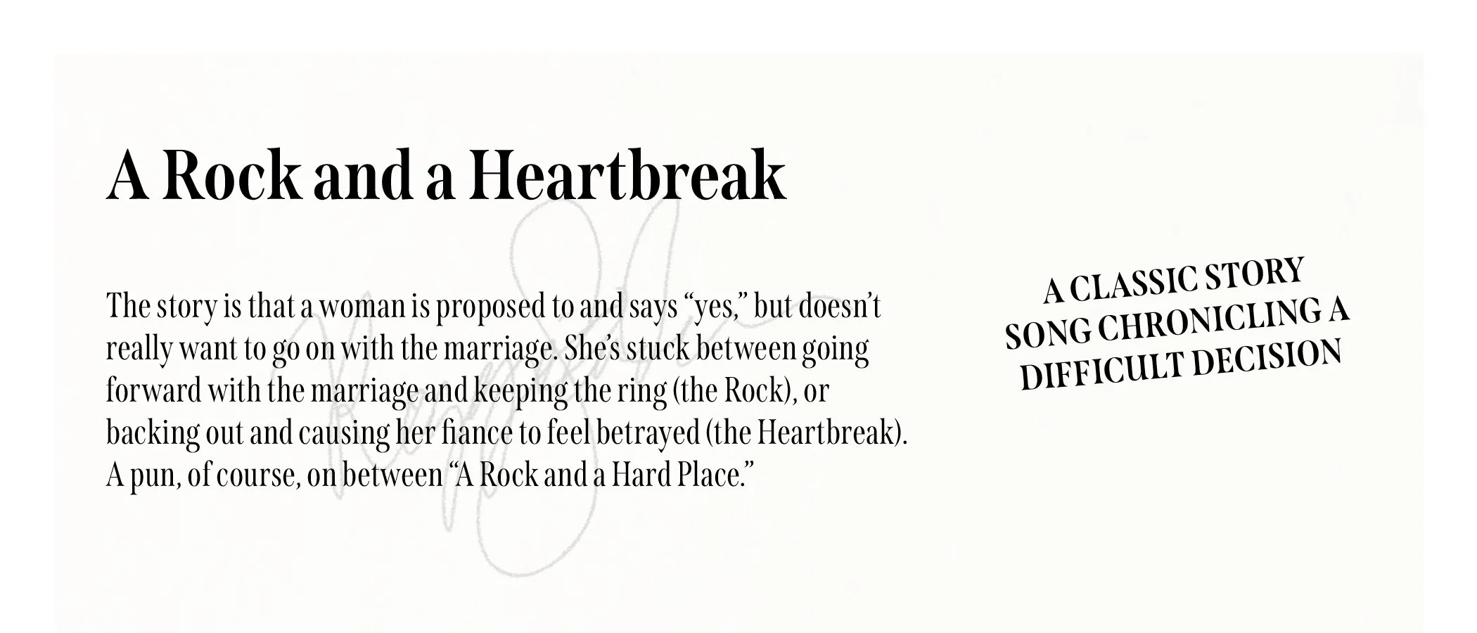 Text titled 'A Rock and a Heartbreak' explaining a story about a woman torn between marriage and backing out, compared to 'A Rock' and 'a Heartbreak'.