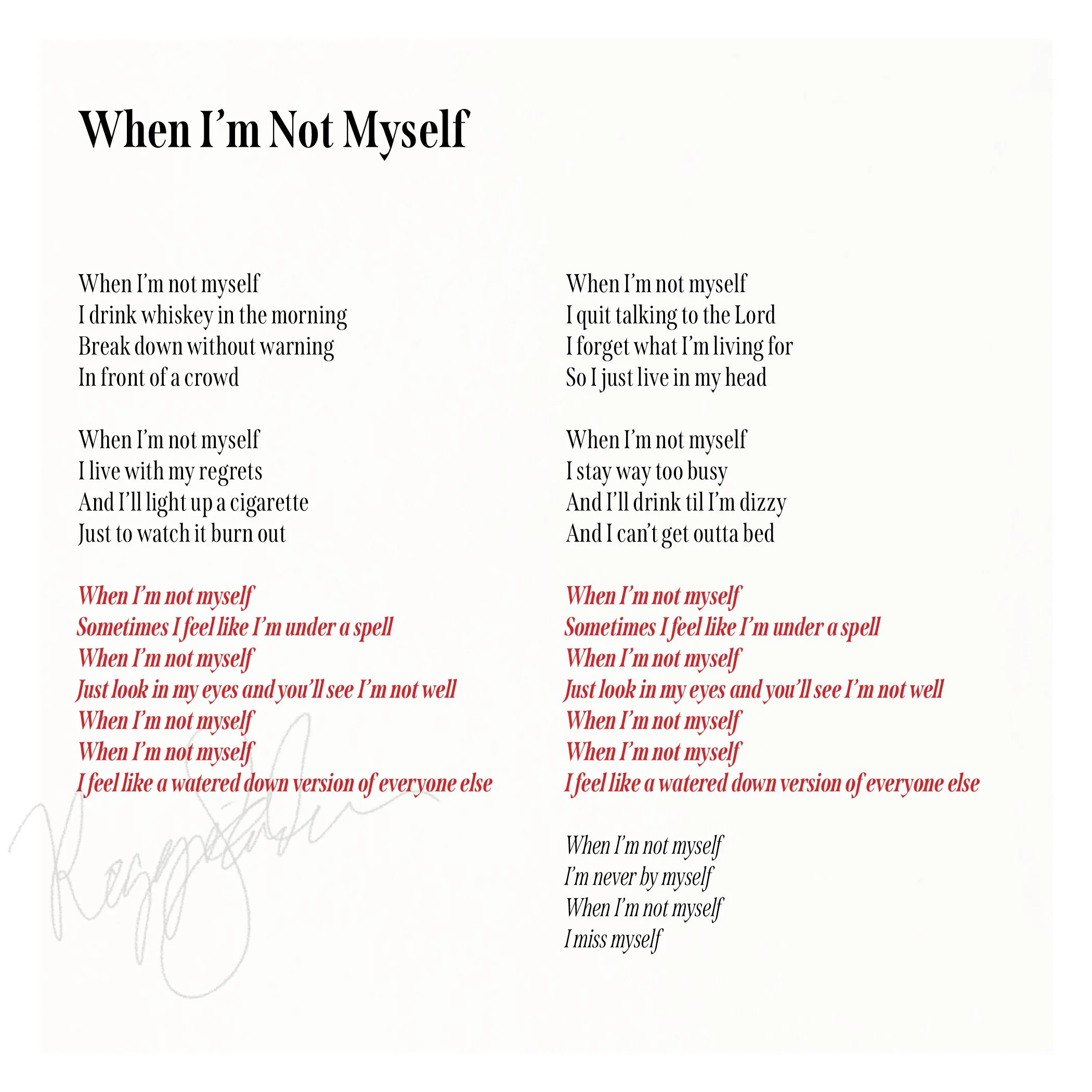 A white background with black and red text of a poem titled "When I’m Not Myself." The poem is written in two columns with some handwritten notes and sketches in lighter ink at the bottom left corner.