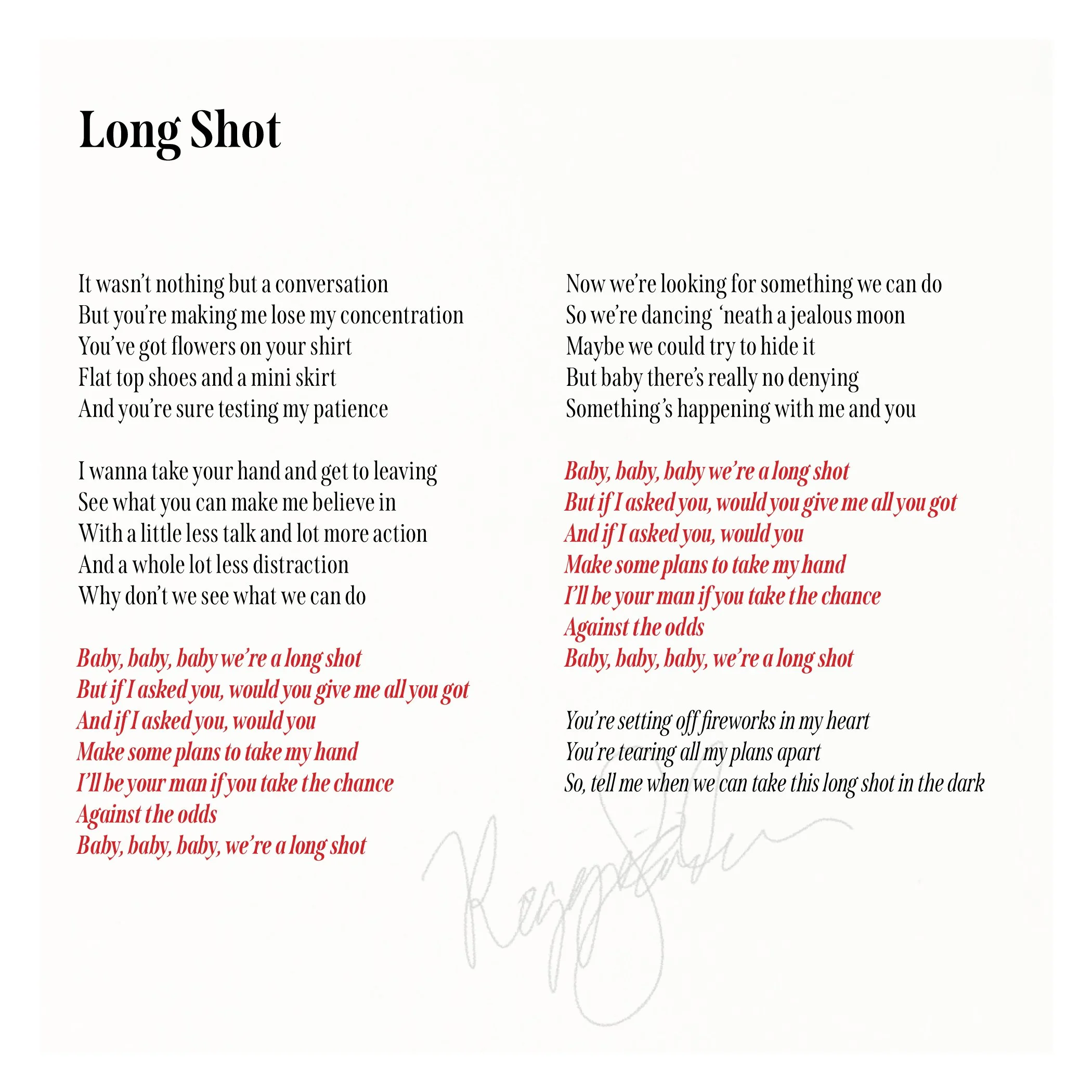 A handwritten note containing song lyrics about love and longing, with phrases like 'Long Shot,' 'Baby, baby, baby we're a long shot,' and explanations of emotional struggles in relationships.