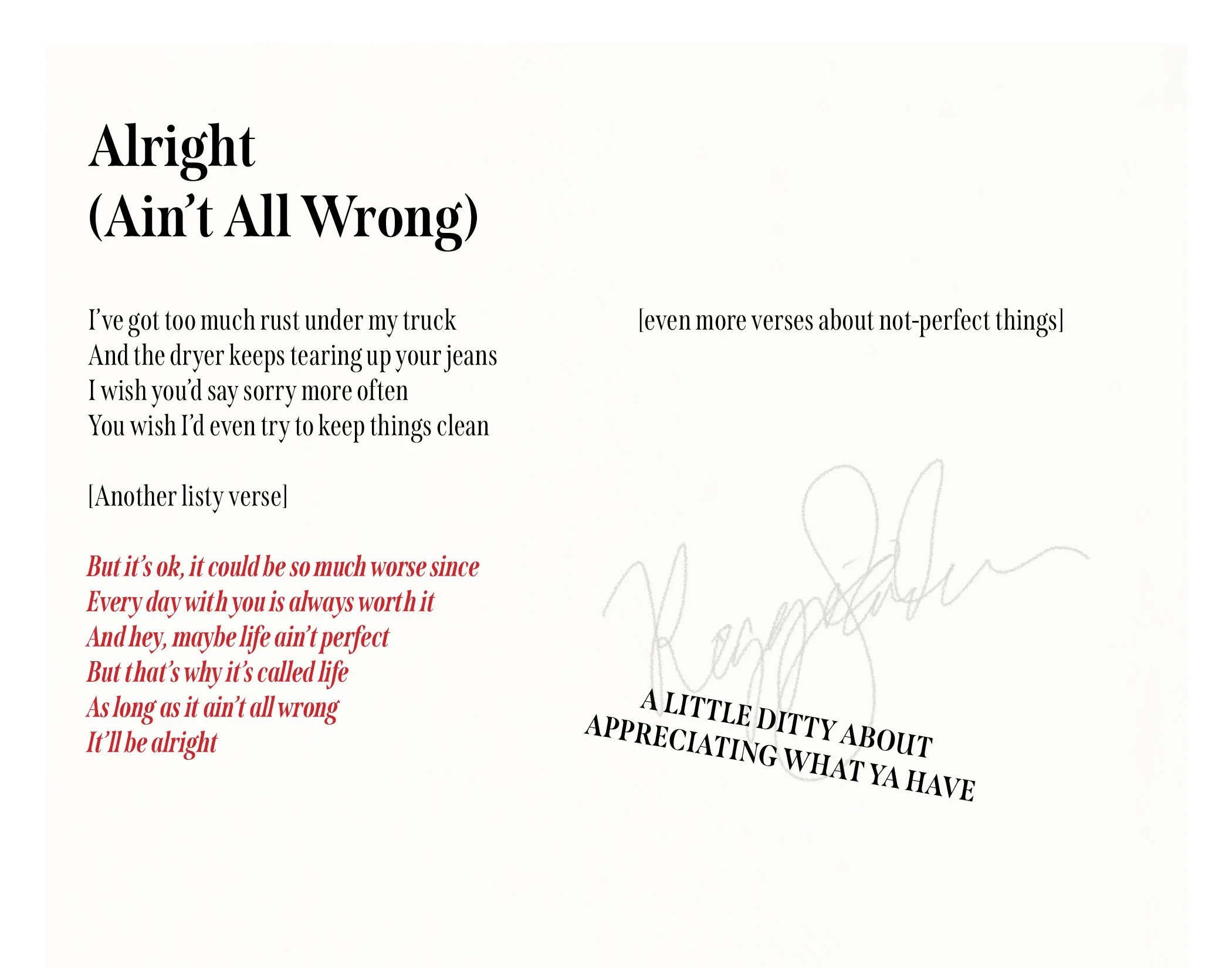 Image of a song lyrics page with the title 'Alright (Ain't All Wrong)' and various verses, including humorous and reflective lines, with some text in different fonts and sizes.