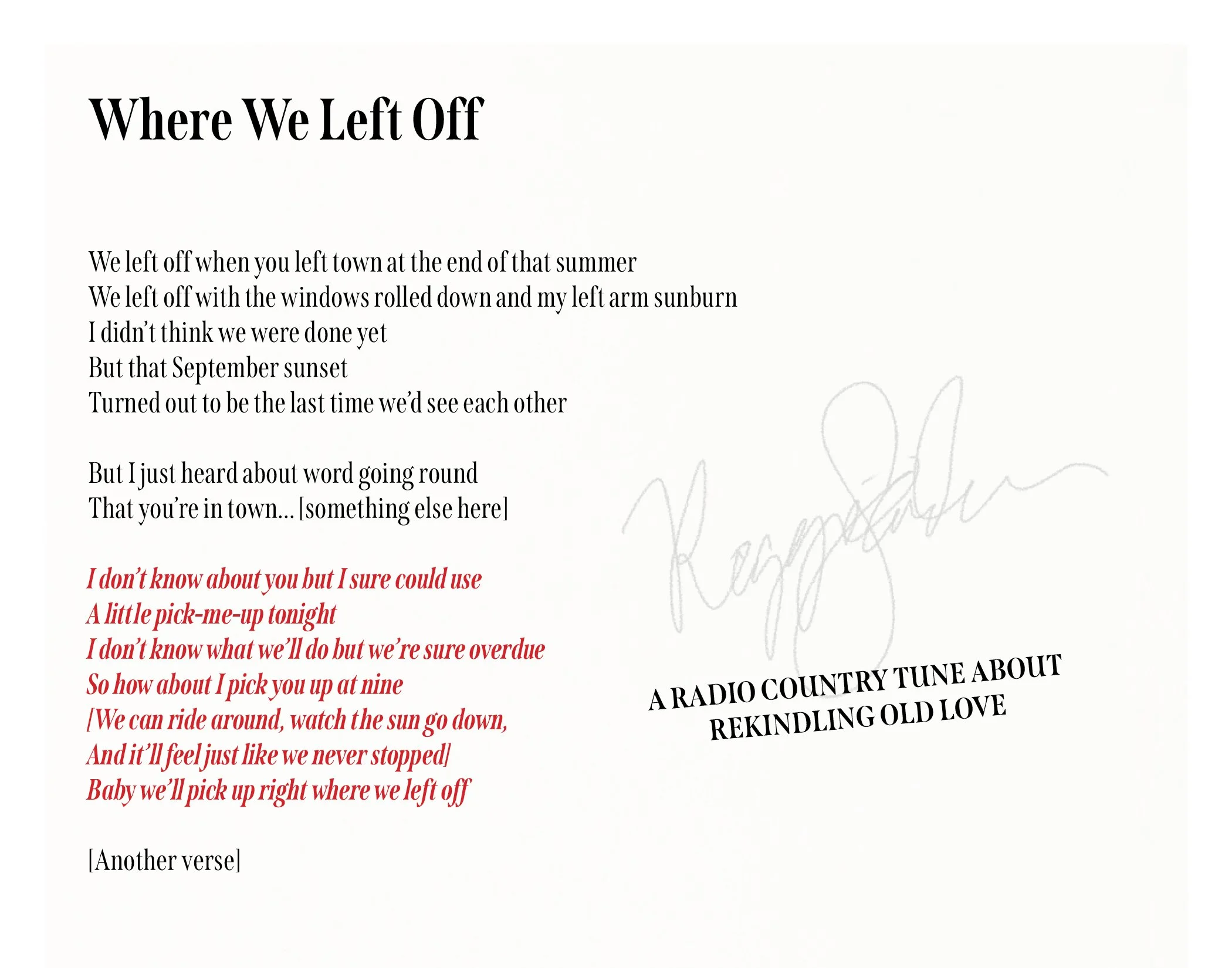 A page with lyrics for a song titled 'Where We Left Off,' with a handwritten signature or doodle in the lower part of the image.