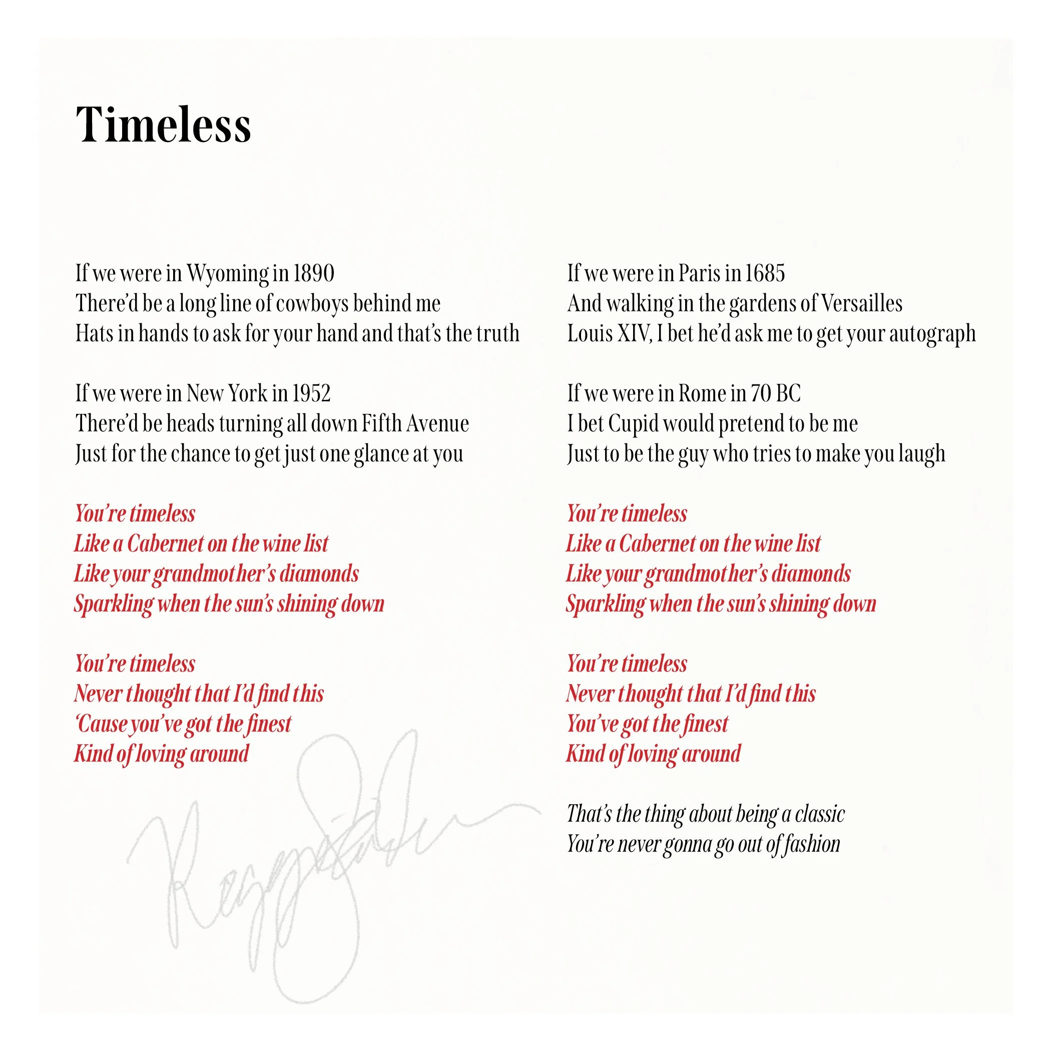 A page from a book or magazine with printed text in black and red fonts. The text is a poem or song lyrics about being timeless and classic. There are no images or illustrations visible on the page.