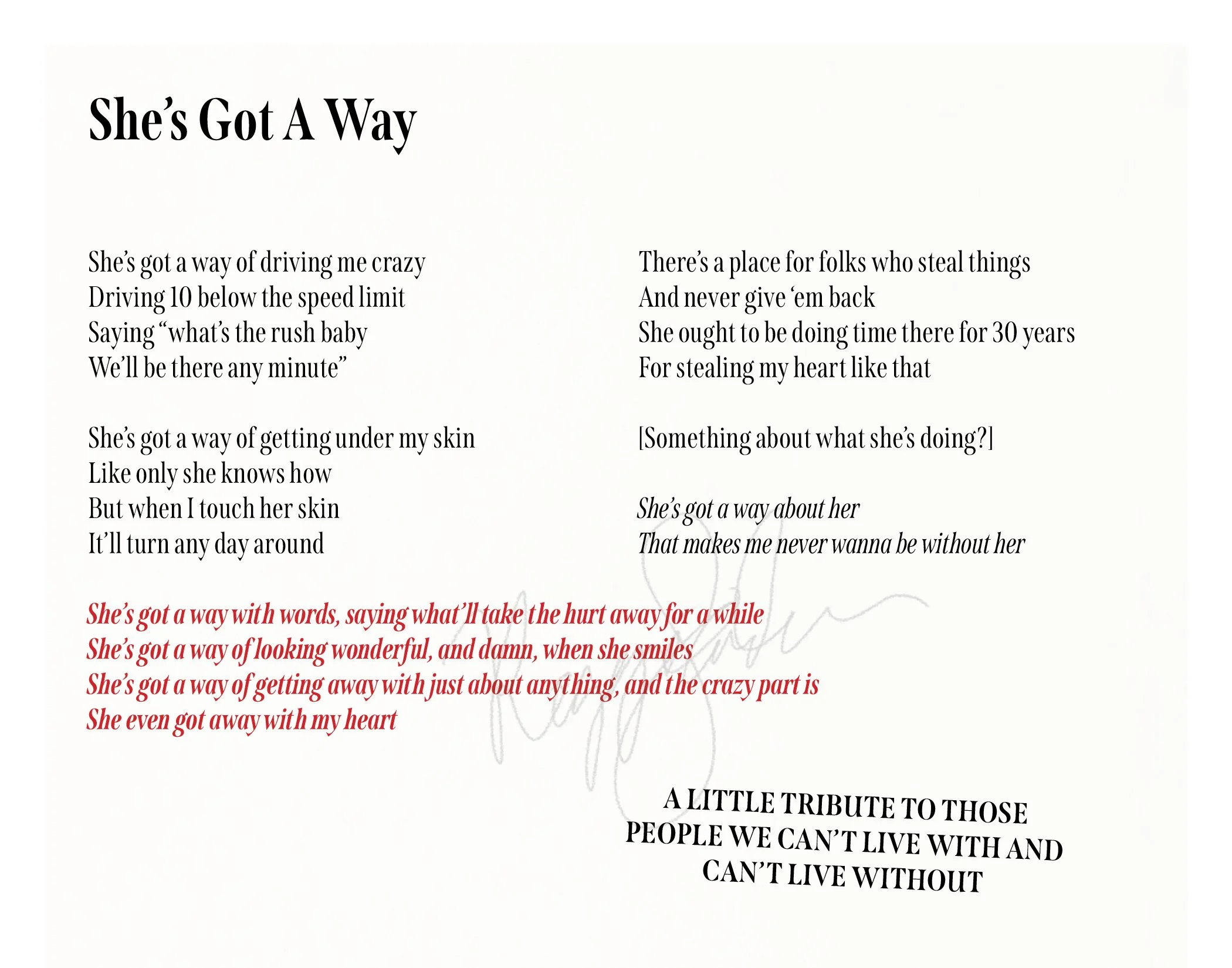 Poem titled 'She's Got A Way' with lyrics about a woman, expressing admiration and love, followed by a tribute note at the bottom.