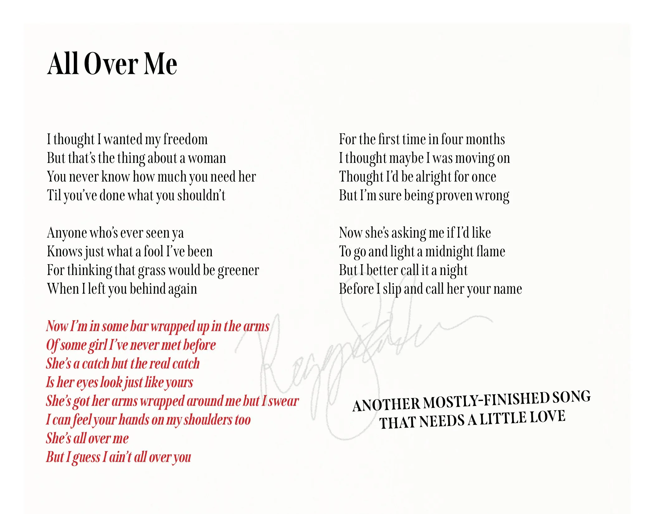 This image contains lyrics to a song, with the title 'All Over Me' at the top. The lyrics are written in black and red text on a white background, and there are faint, sketched drawings of an arm and a face.