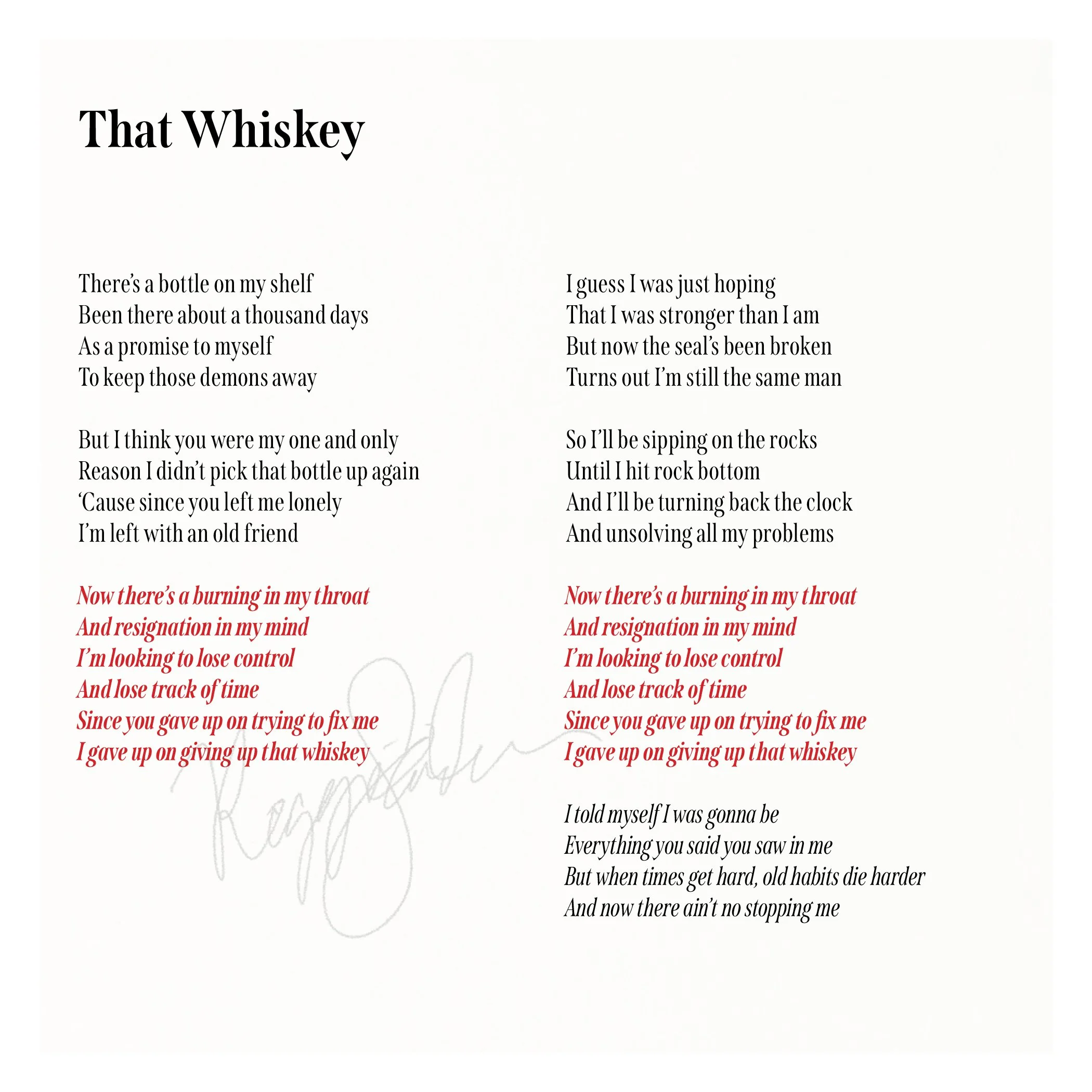Poetry page with the title 'That Whiskey' and a poem about drinking whiskey, featuring black and red text on a white background.