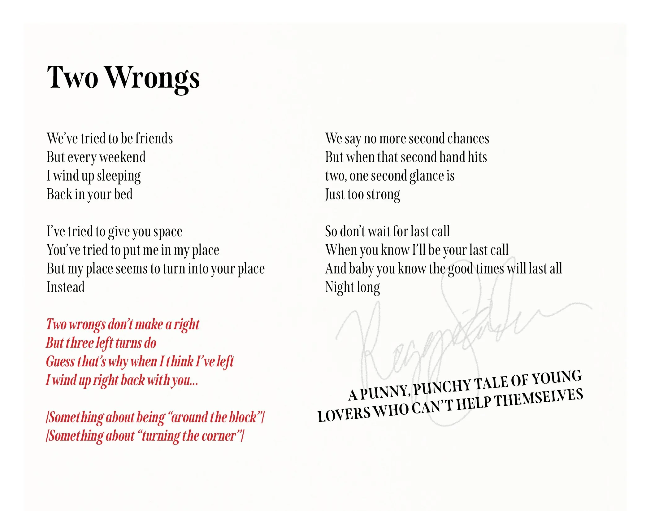 Poem titled 'Two Wrongs' with a black and red colored text, and a doodle of a crown in the background.