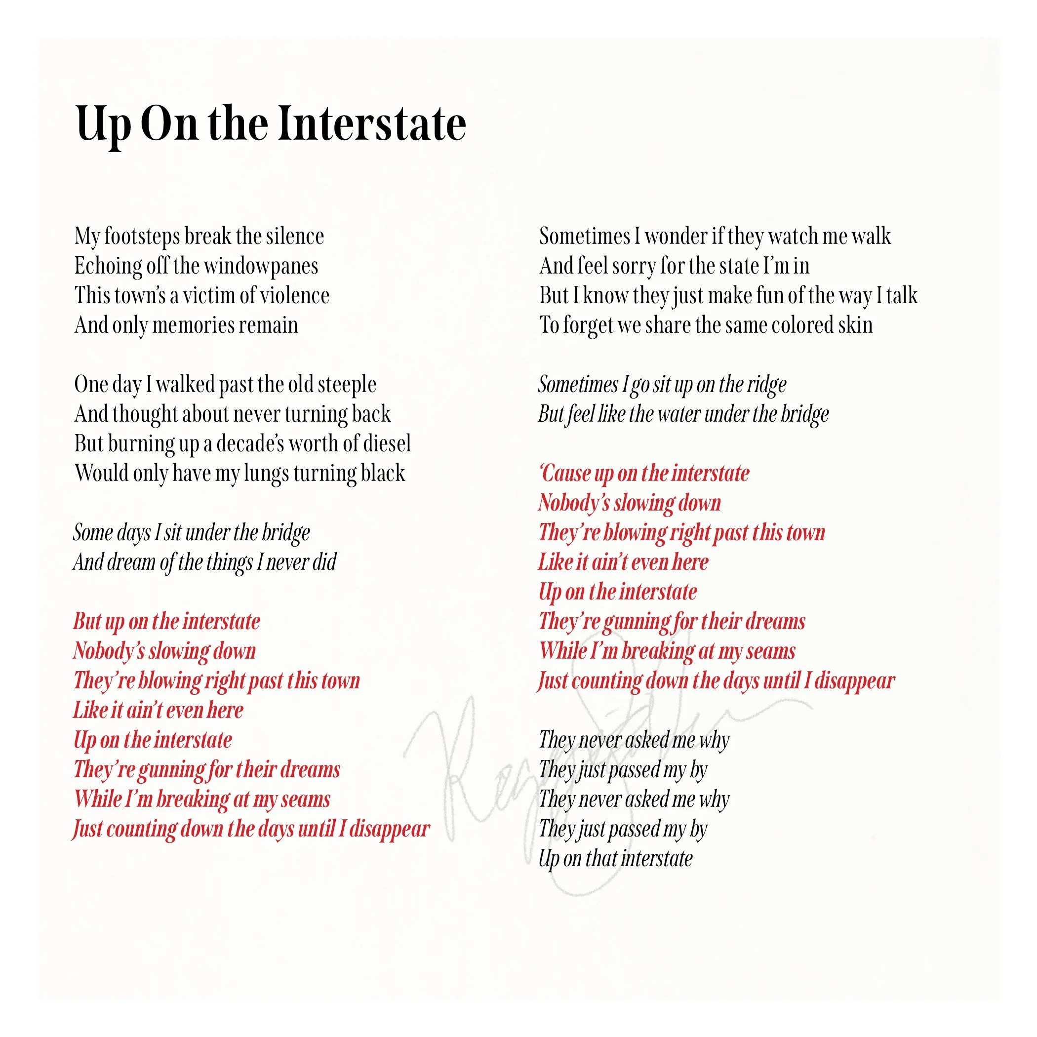 A poem titled "Up On the Interstate" with the lines written in black and red text on a white background.