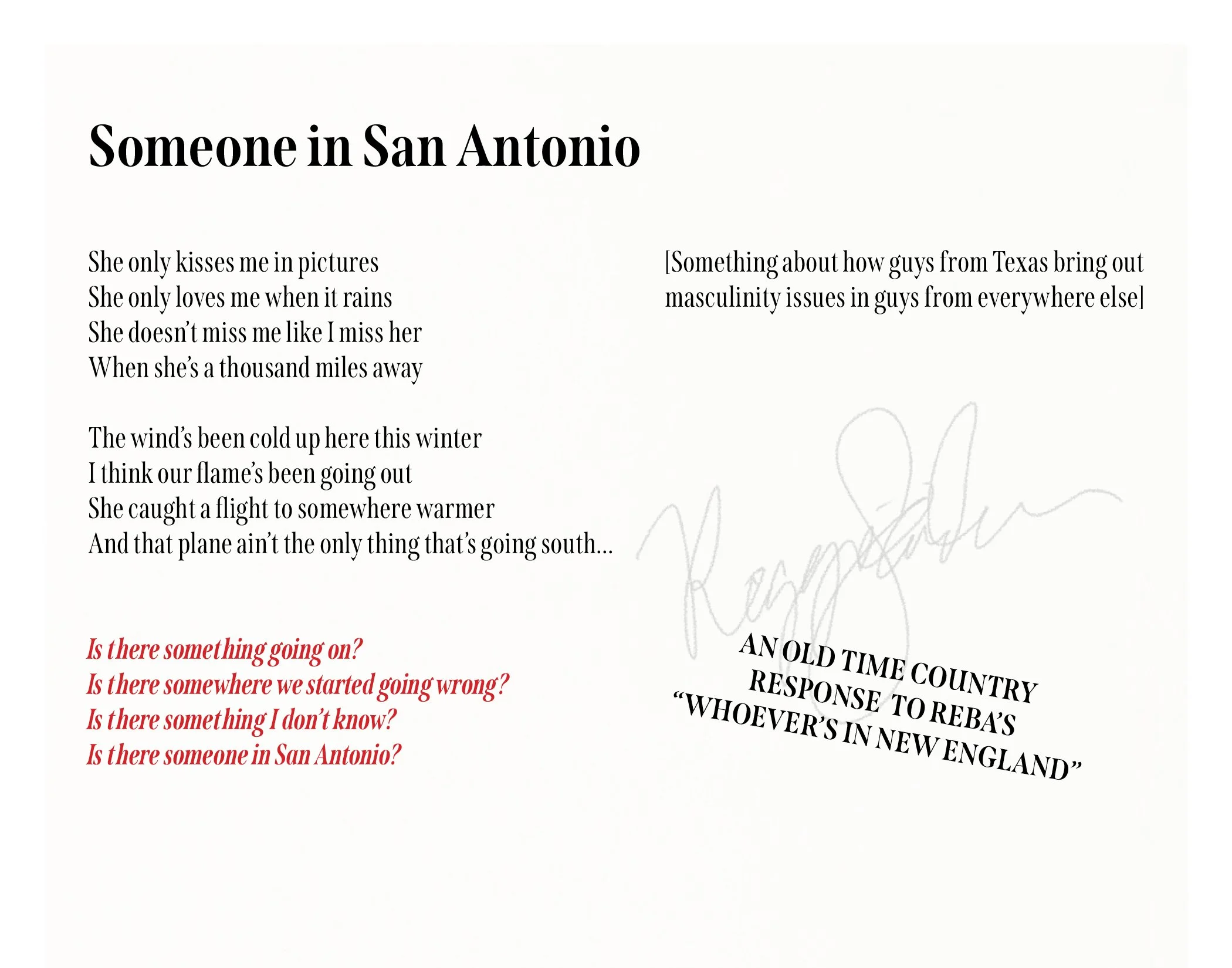 A digital screenshot of a webpage featuring a poem or song lyrics titled 'Someone in San Antonio', with text in black and red. The webpage includes a cursive signature or handwritten style text in the background.