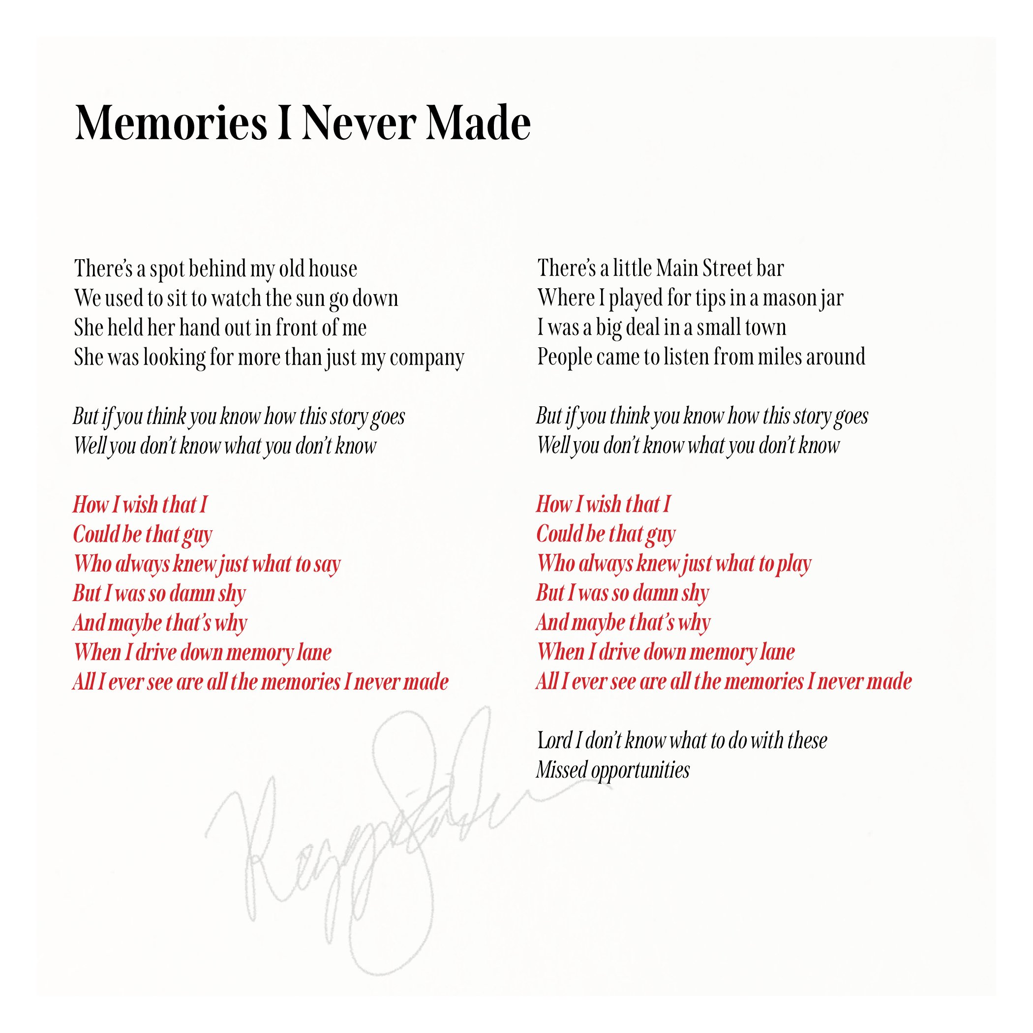 Page with printed song lyrics titled 'Memories I Never Made', with two columns of text and an autograph signature in the background.
