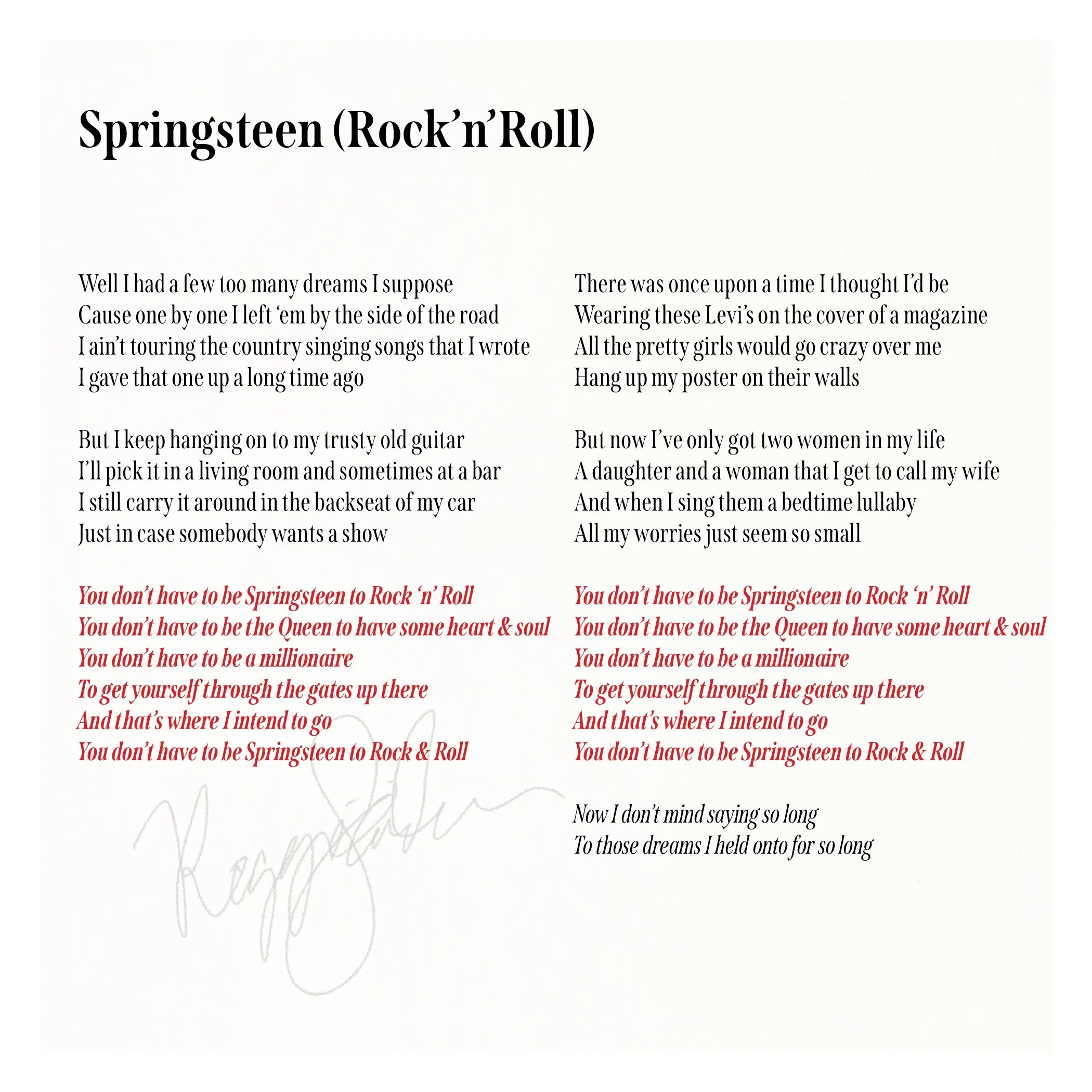 Lyrics from the song 'Springsteen' by Rock 'n' Roll, with the title prominently displayed at the top, and the verses of the song written below in two columns. The text is black on a white background, and some red text at the bottom emphasizes the son