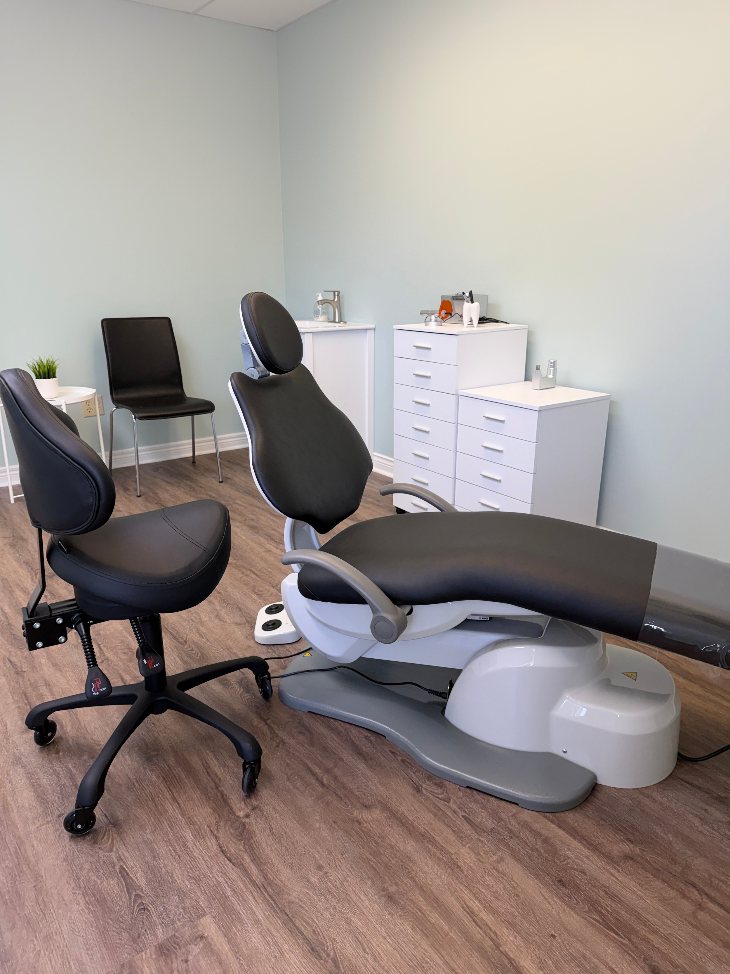 Medical examination room with a dental chair, black rolling stool, white cabinets, a small white table with a potted plant, and various dental instruments on the cabinets.