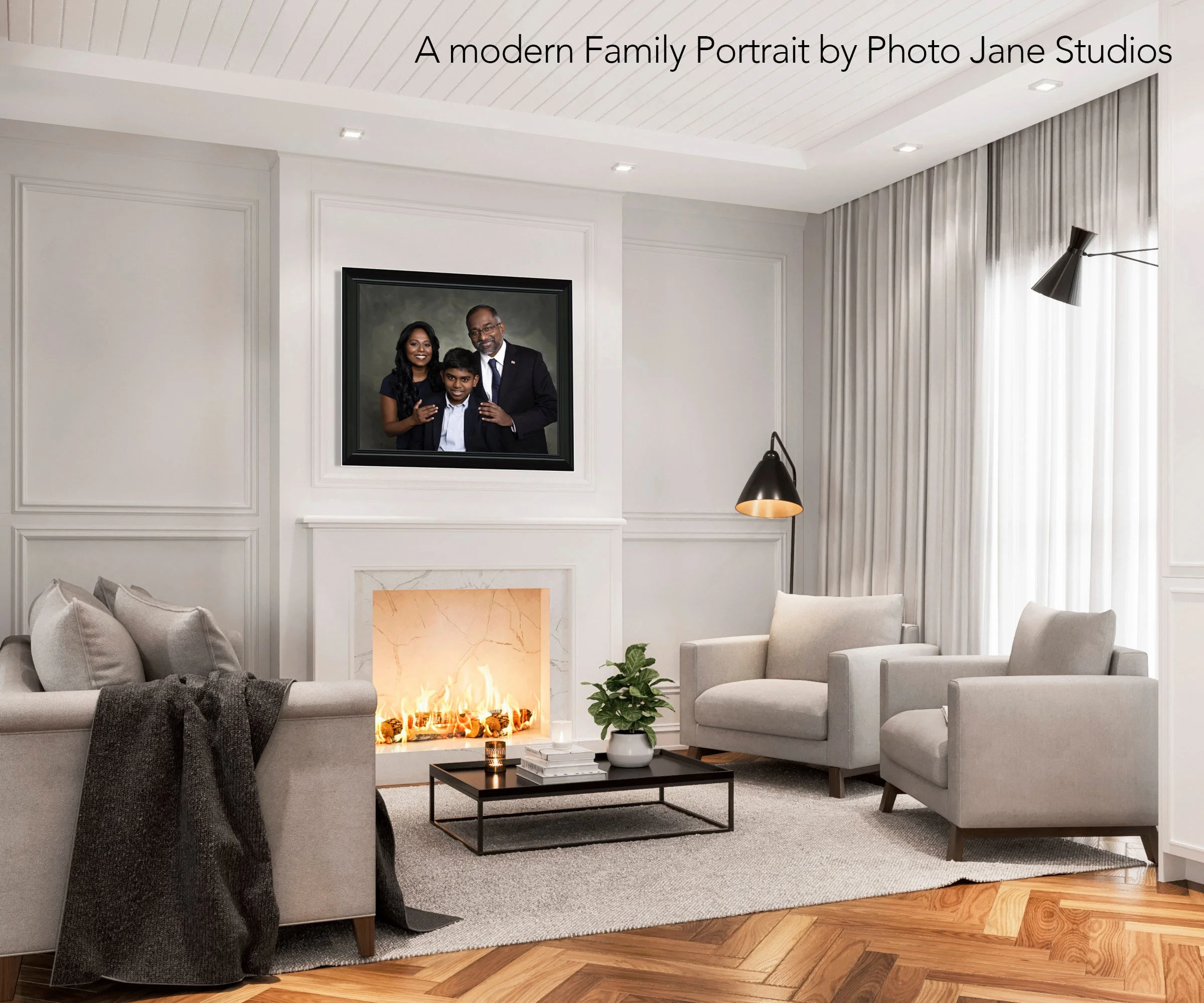 Living room with beige sofas, a black coffee table, a fireplace with flames, a potted plant, and a framed family portrait on the wall.