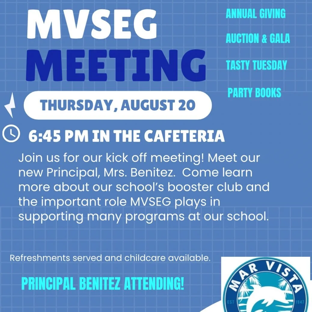 🐬MVSEG🐬Join us for our Kick off meeting on Thurs, Aug 20 at 6:45pm in the cafeteria. Come learn about our school&rsquo;s booster club and how you can get involved.