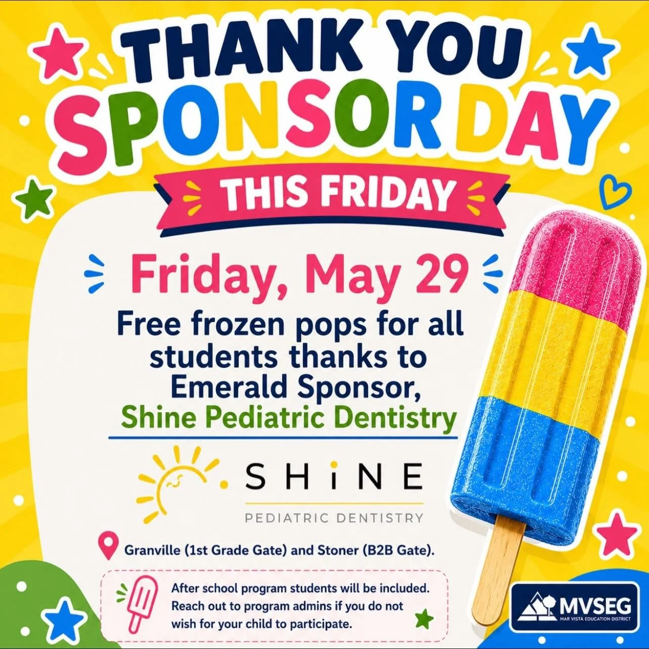 Join us today for another Sponsor Celebration Day! Stop by the Stoner and Granville tables at the bell for a frozen treat for students - all free! Compliments of our amazing Annual Sponsor Shine Pediatric Dentistry @shinekidsdental!