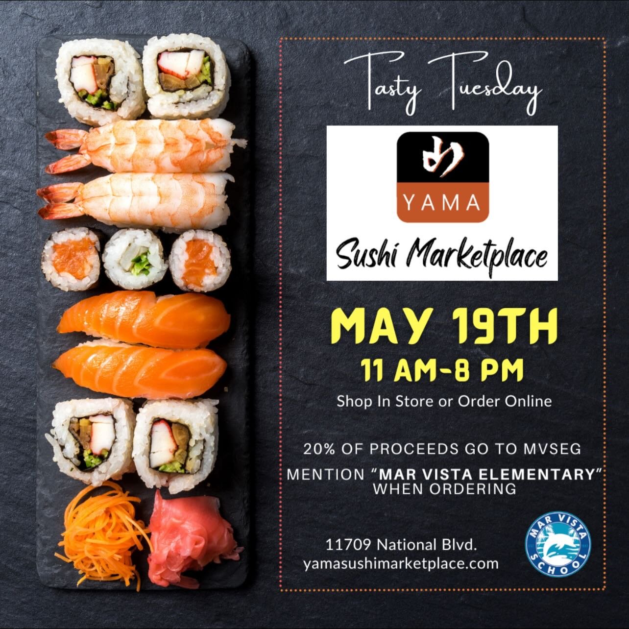 Swing by Yama Sushi Marketplace this Tuesday and grab the freshest sushi in the neighborhood! They also have a great collection of Sake, gifts and speciality items sourced from Japan! 🍣

11709 National Blvd., 11am-8pm (dine in or take out, mention M