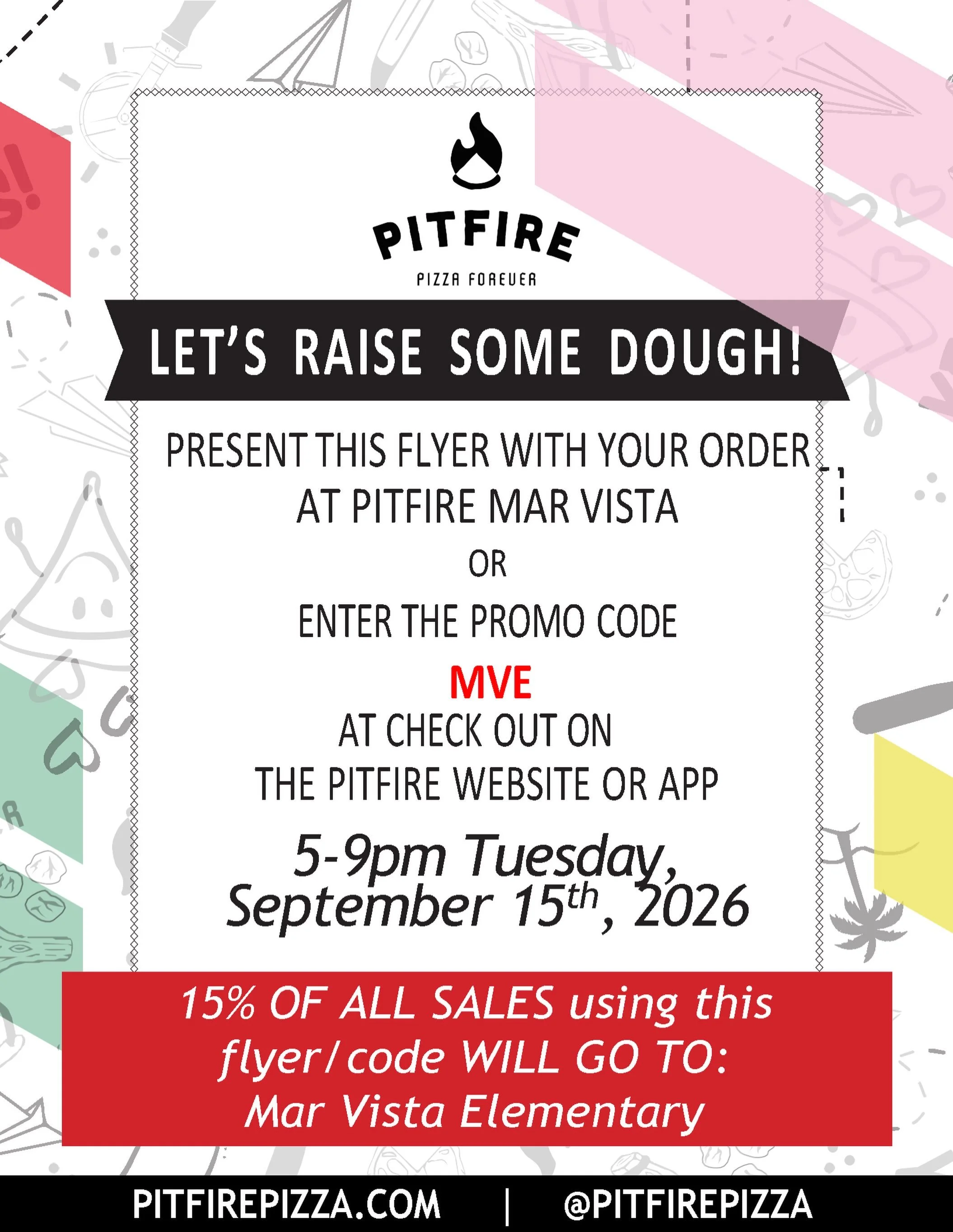 MVE families! Tasty Tuesday is kicking off the school year at Pitfire Pizza 🍕 Tuesday, 15 September! Come enjoy delicious wood-fired pizzas while catching up with the MVE community. Plus, 15% of sales go to the school 🐬. Be sure to mention MVE at c