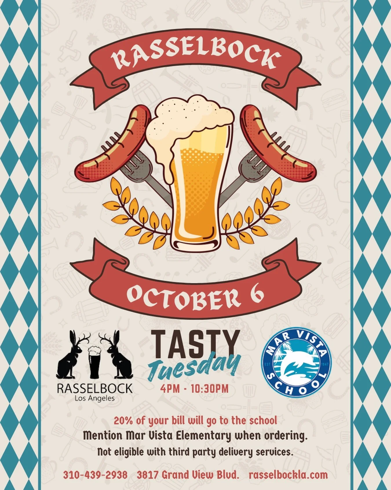 Come and celebrate Oktoberfest with Tasty Tuesday and Rasselbock on October 6th! Rasselbock serves fresh, authentic German cuisine and features over 35 German and Belgian beers. Best of all, 20% of all receipts go back to the school. Guten Appetit!