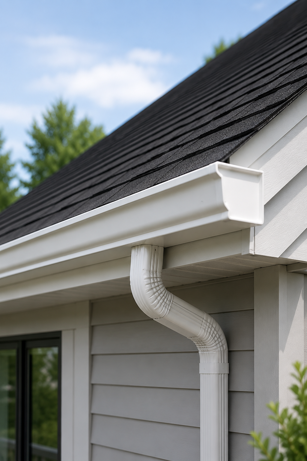 White seamless gutter and downspout installed on a Mid-Michigan home