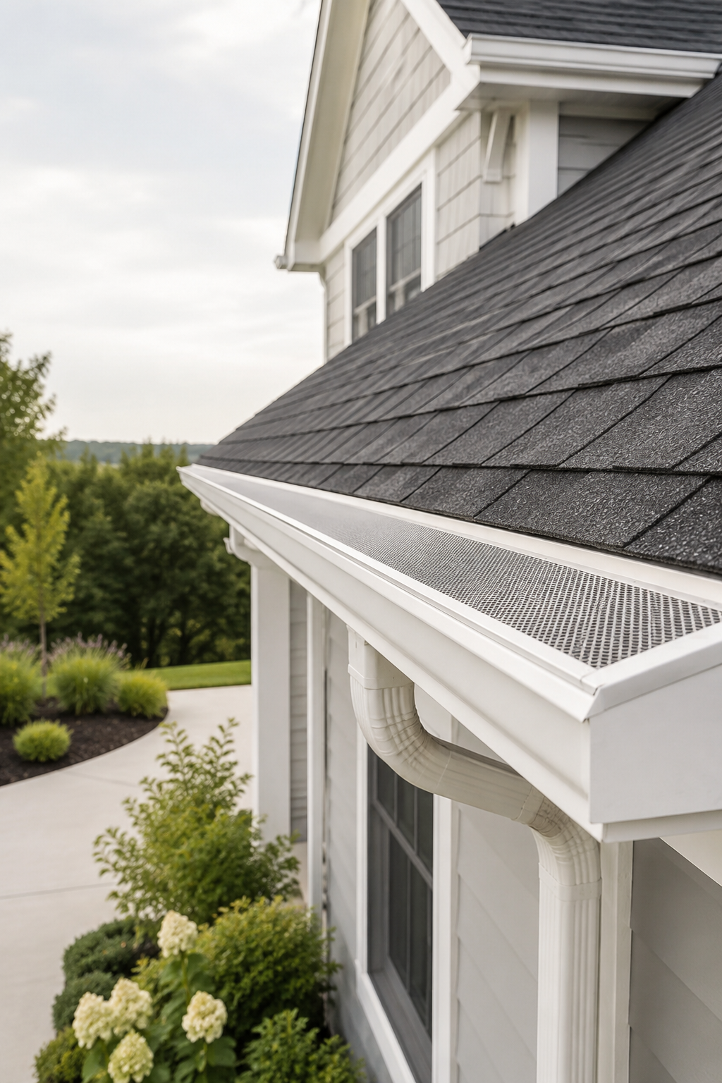 Gutter guard installed over a seamless gutter to help prevent leaves and debris buildup