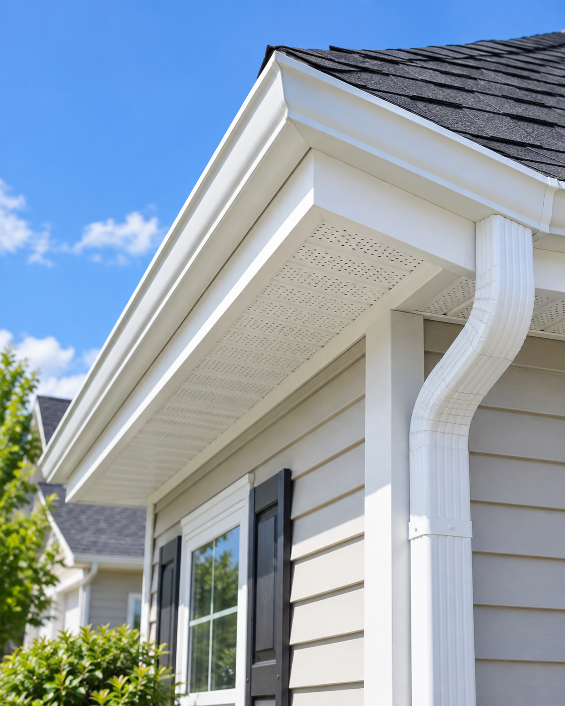 Close-up of a house's roof with a white gutter and soffit, beige siding, window with black shutters, and a tree with green leaves under a blue sky.