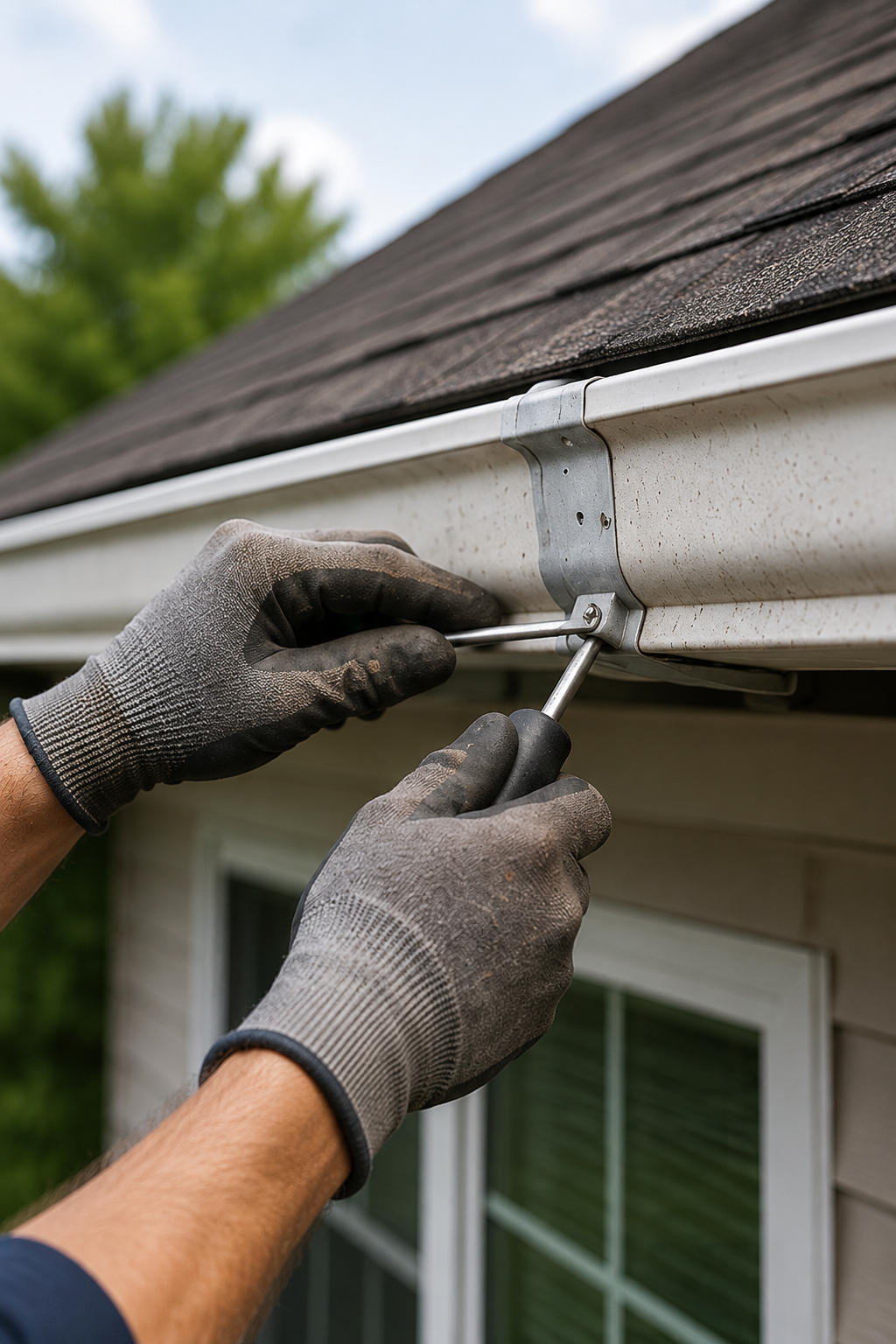 Technician repairing a loose gutter hanger on a residential gutter system