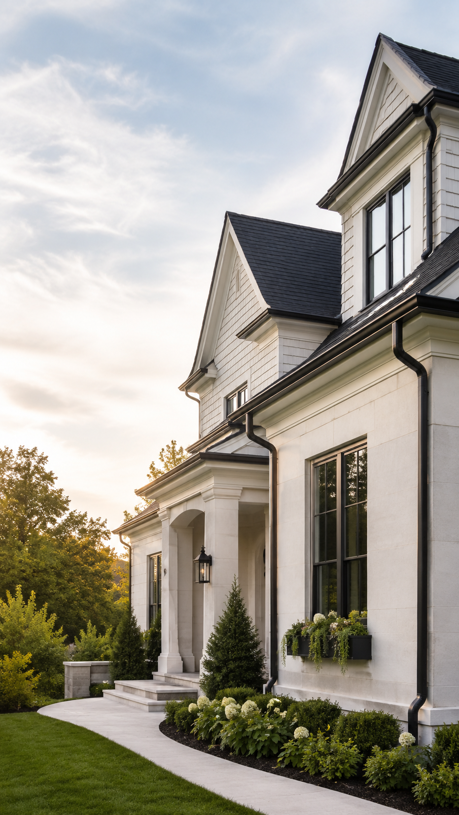 Mid-Michigan home with professionally installed black gutters and downspouts