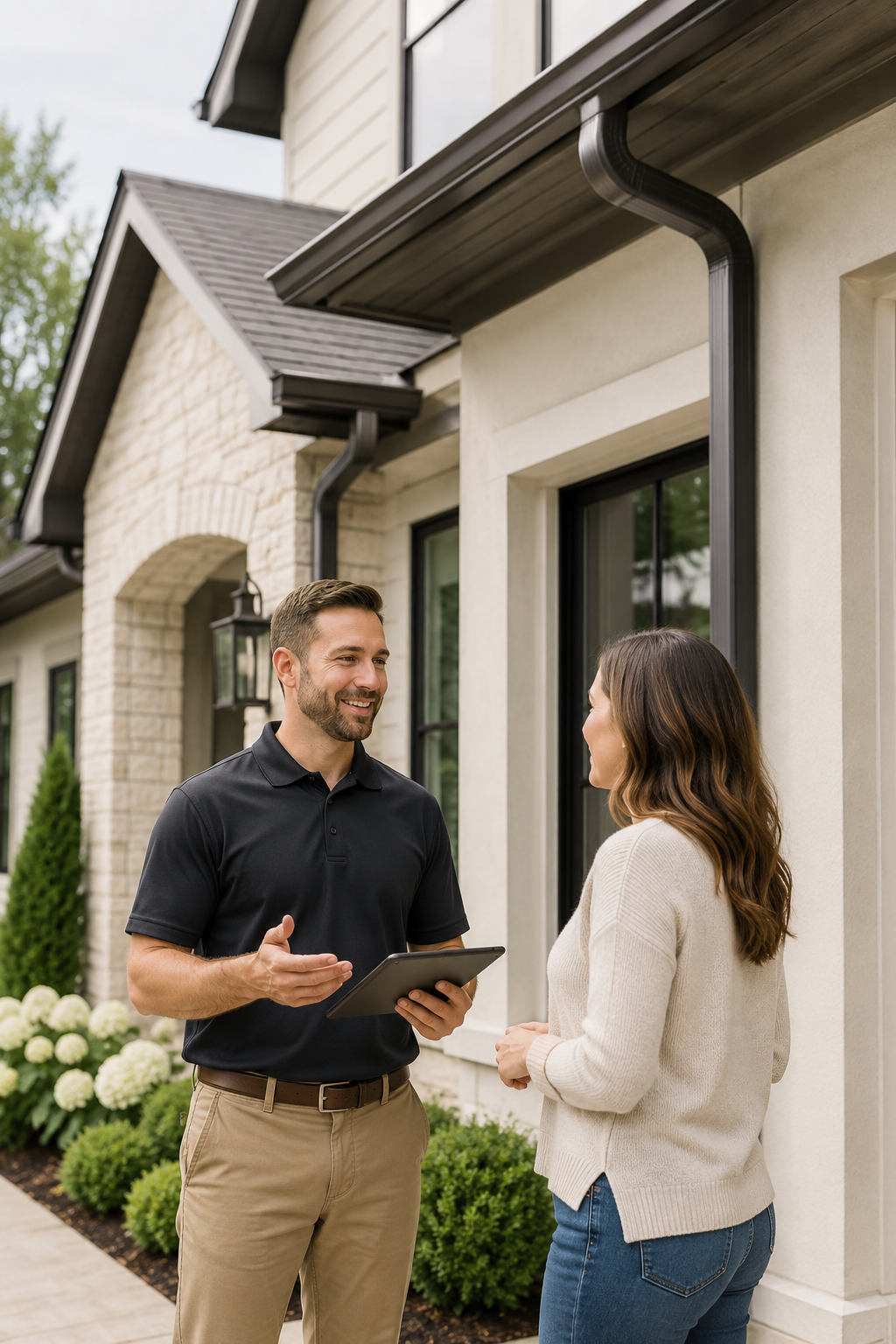 Gutter contractor discussing a free estimate with a homeowner in Mid-Michigan