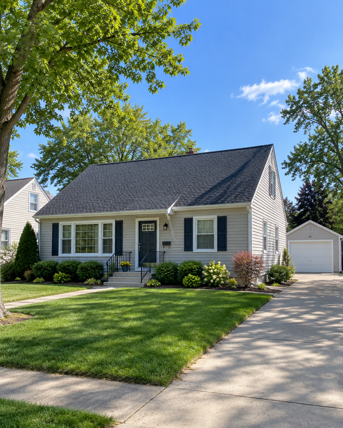 A suburban house with a dark roof, white siding, and black shutters, surrounded by a green lawn and bushes, under a blue sky with a few clouds.