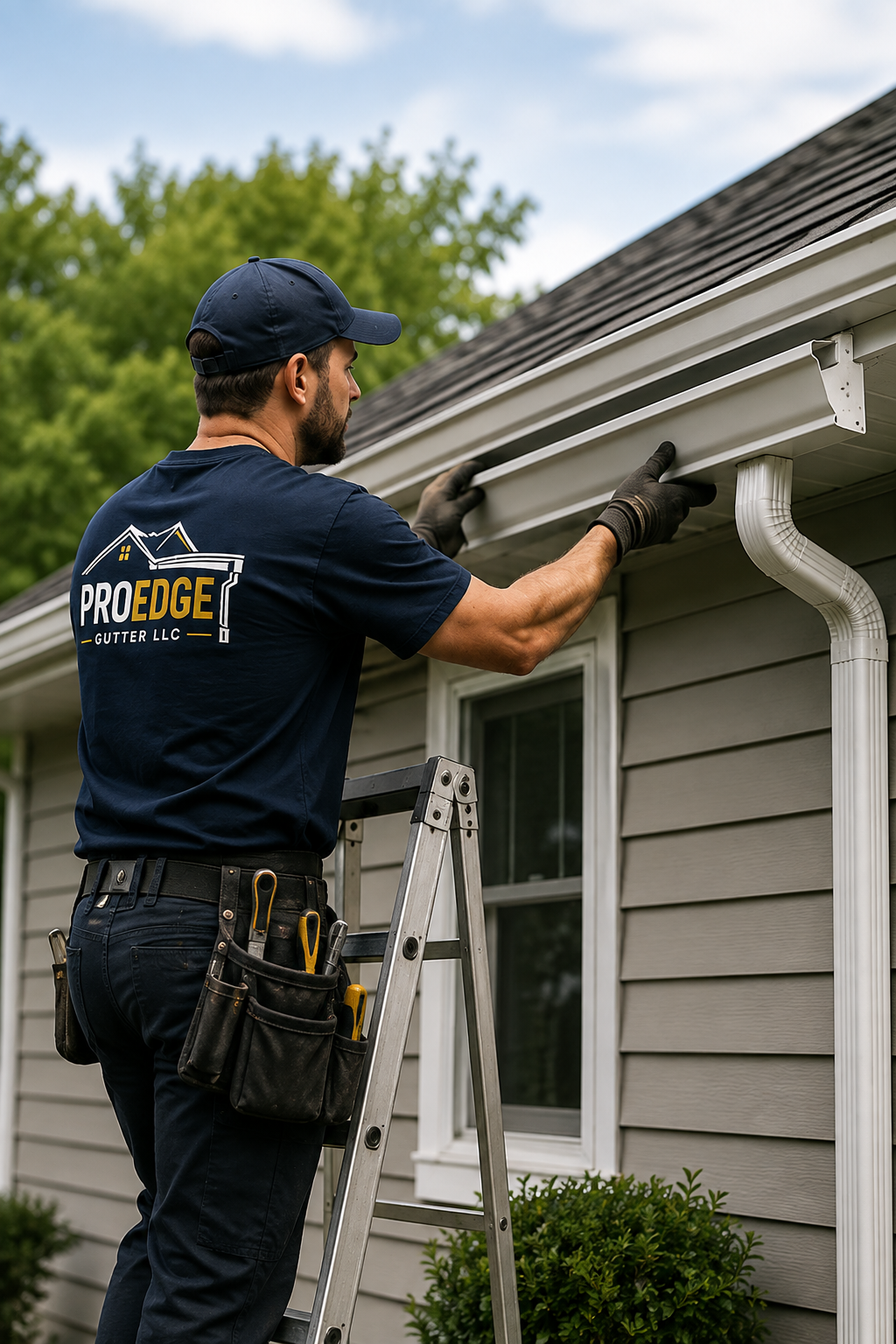 ProEdge Gutter LLC technician replacing gutters on a Mid-Michigan home