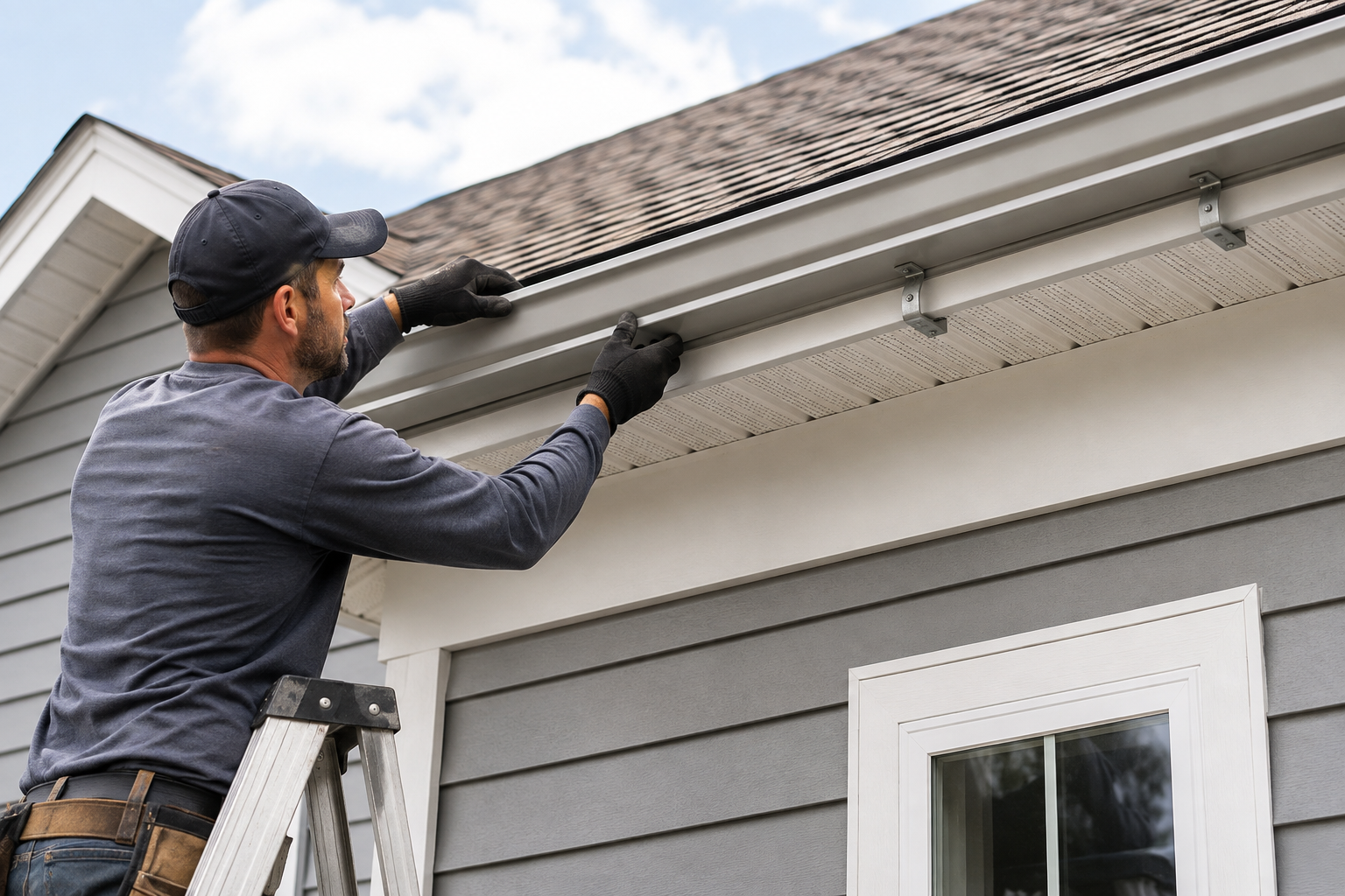 ProEdge Gutter LLC technician installing seamless gutters on a home