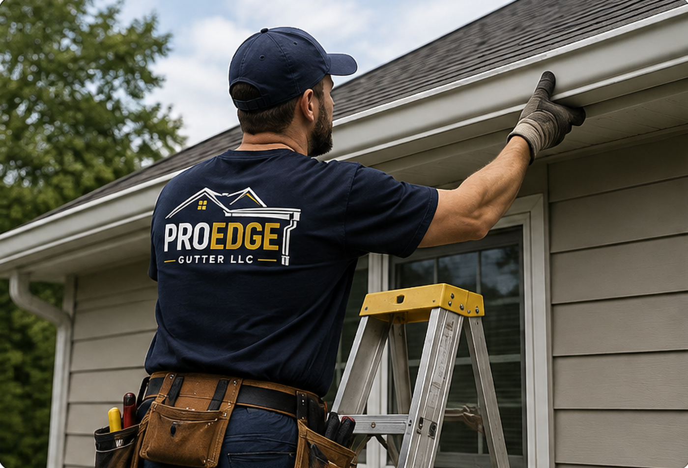 A man in a PROEDGE Gutter LLC shirt and cap working on roofing or gutter maintenance on a house, standing on a ladder outside.