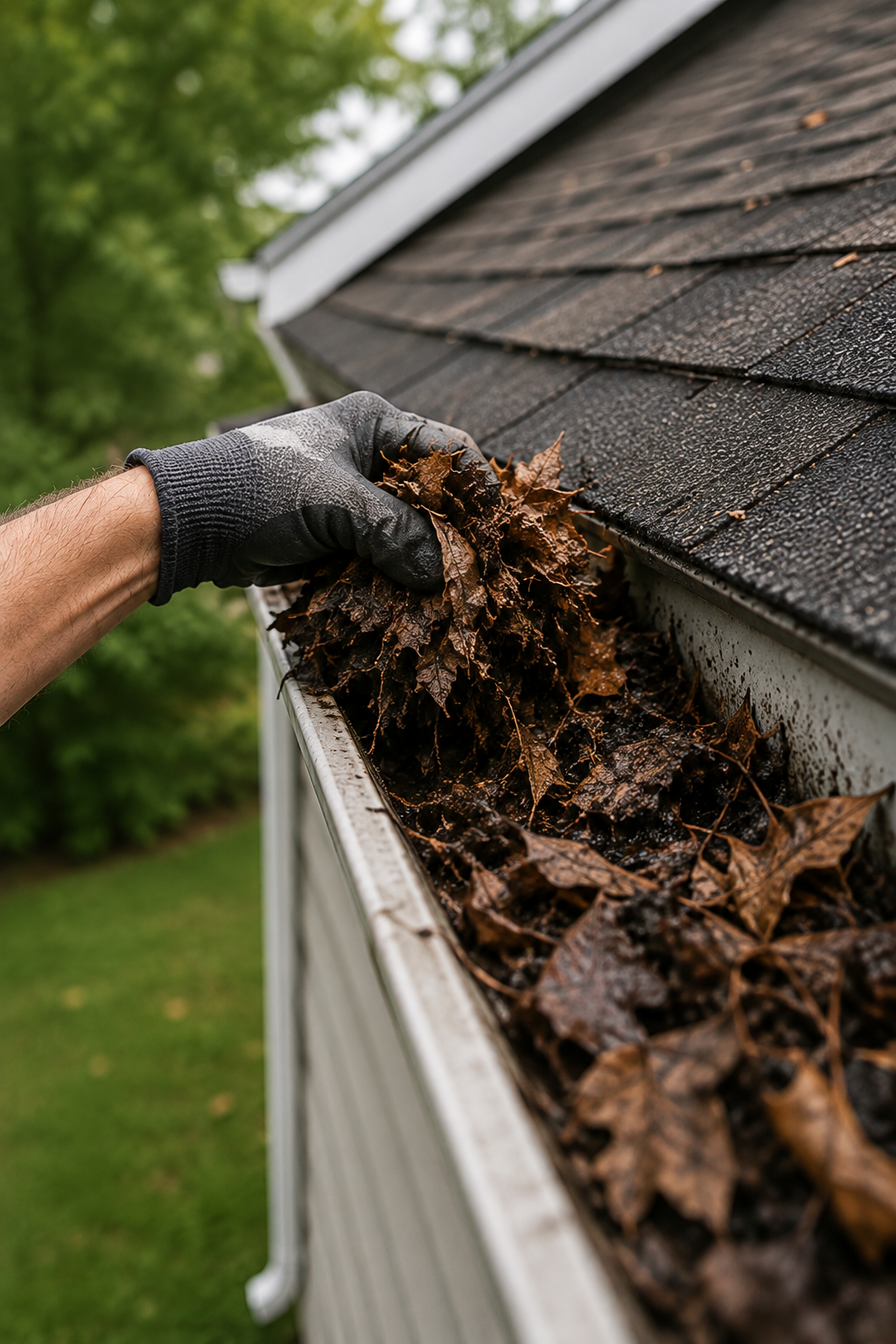 Professional gutter cleaning: removing wet leaves and debris from a clogged gutter