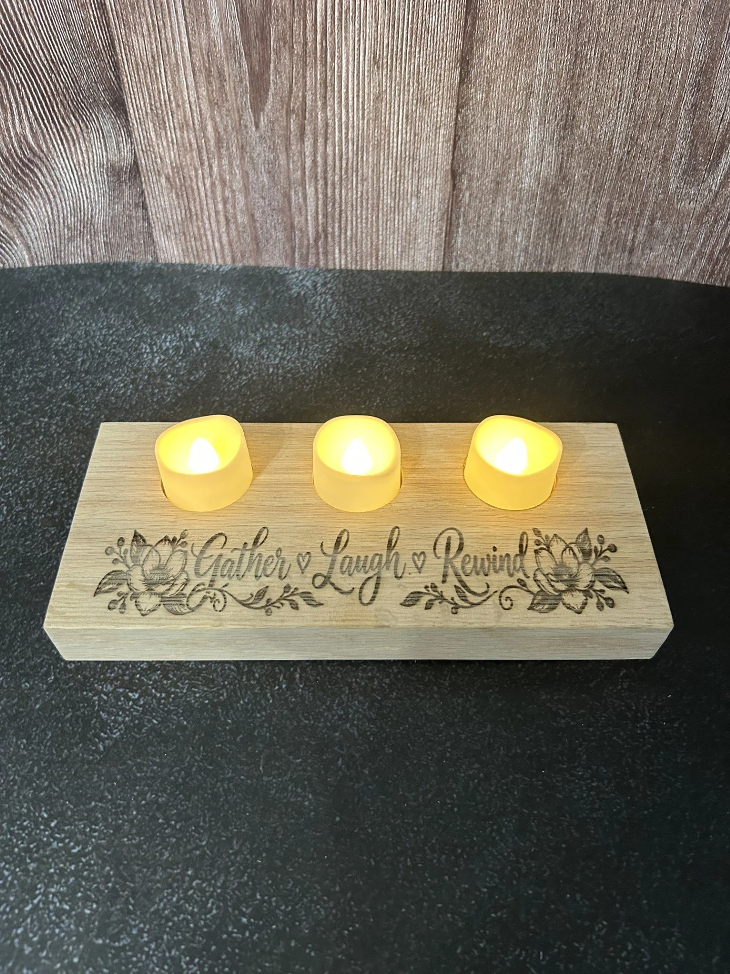 Gather, Laugh & Rewind Engraved Triple Tealight Candle Holder