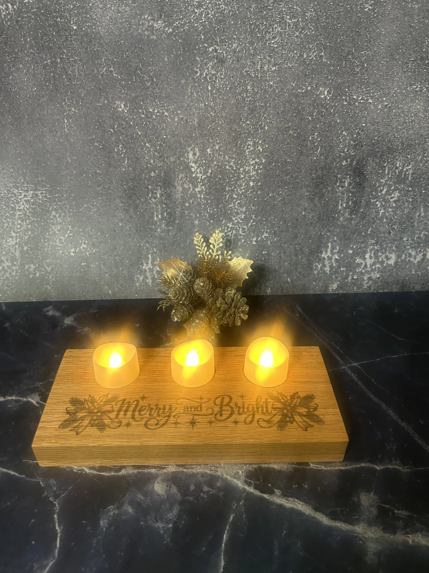 Merry & Bright Engraved Wooden LED candle holder