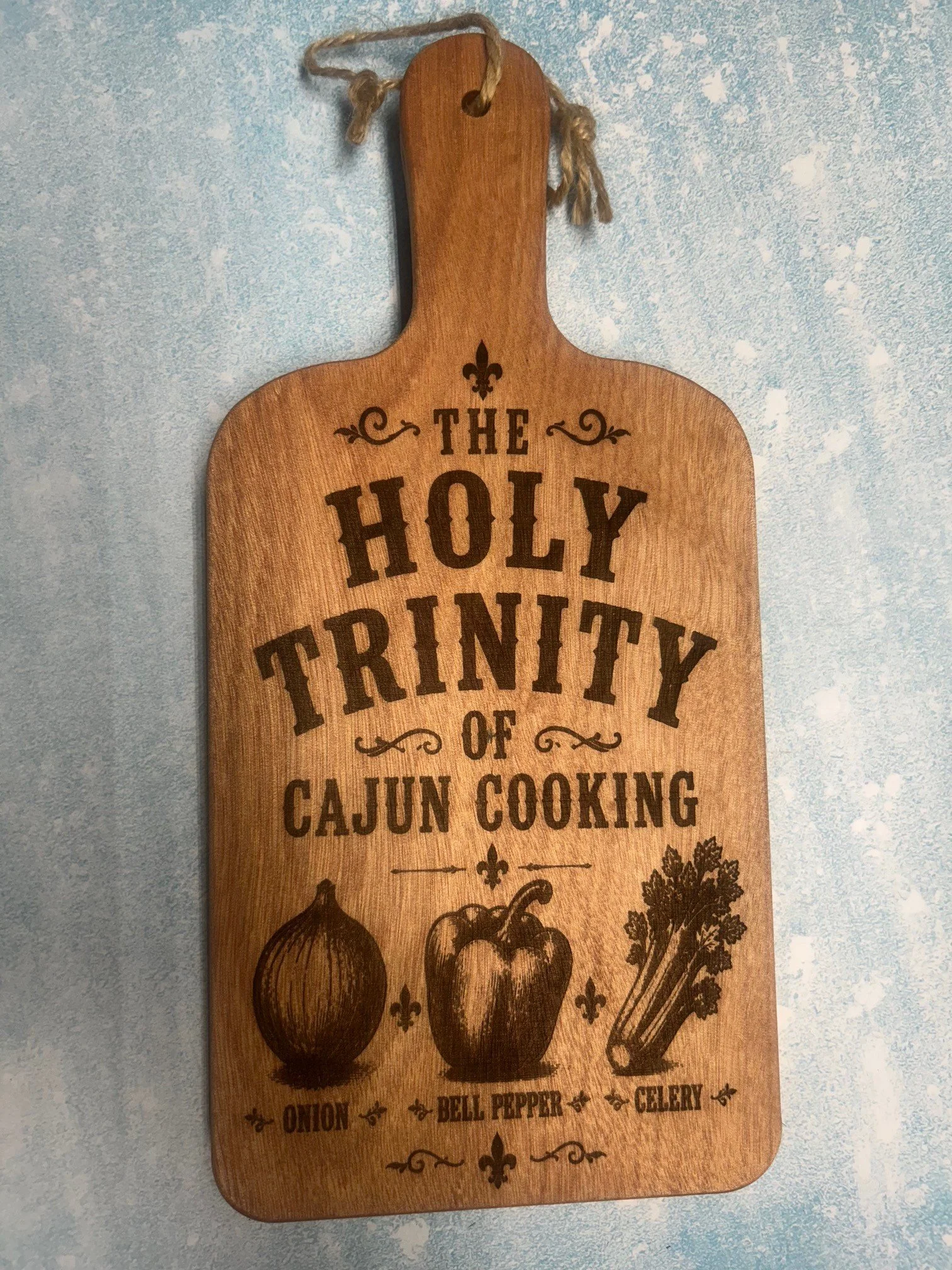 Holy Trinity of Cajun cooking Engraved Acacia Serving board or wall Decor