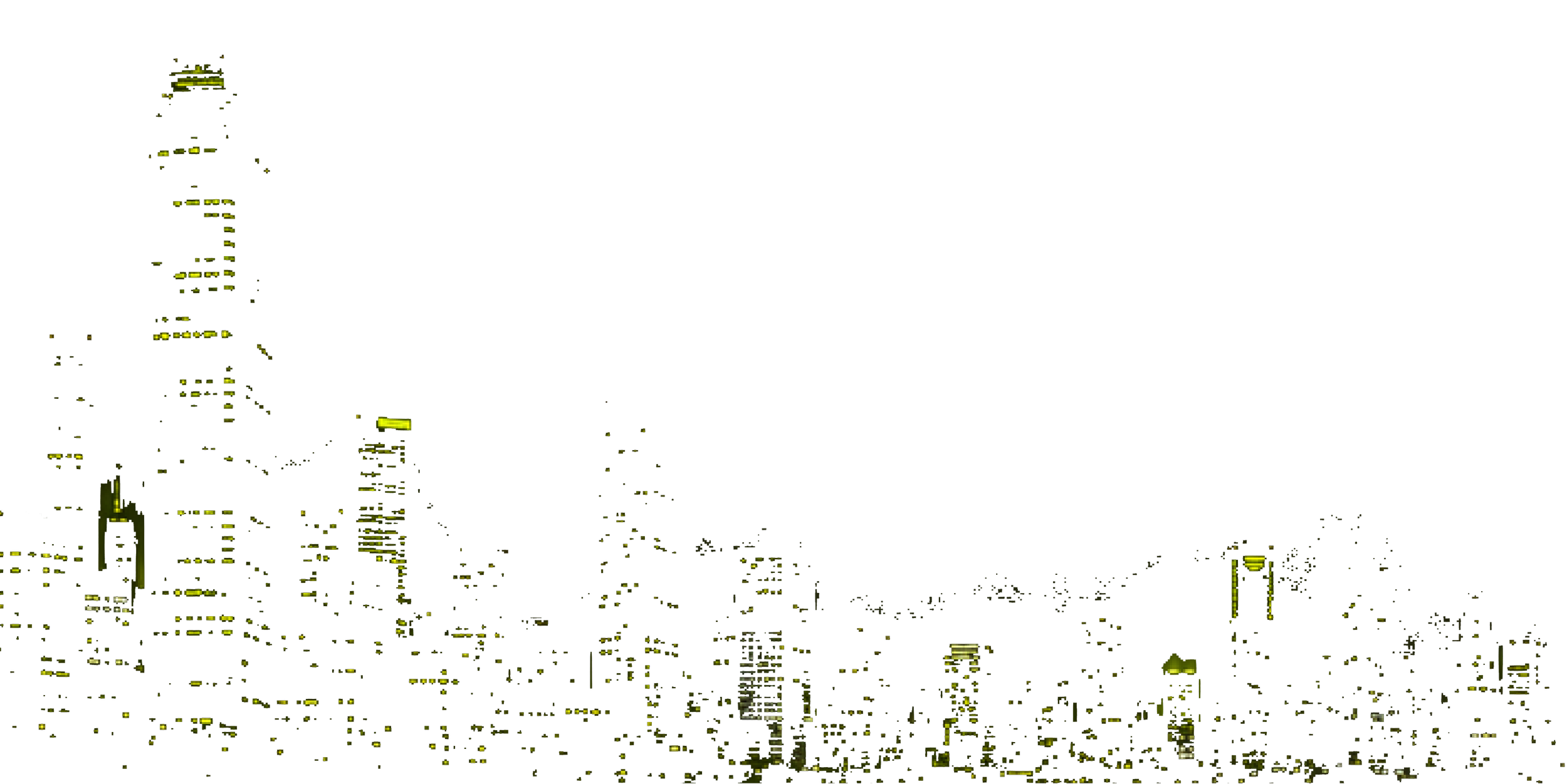 A city skyline at sunset with tall skyscrapers and colorful reflections on the water.