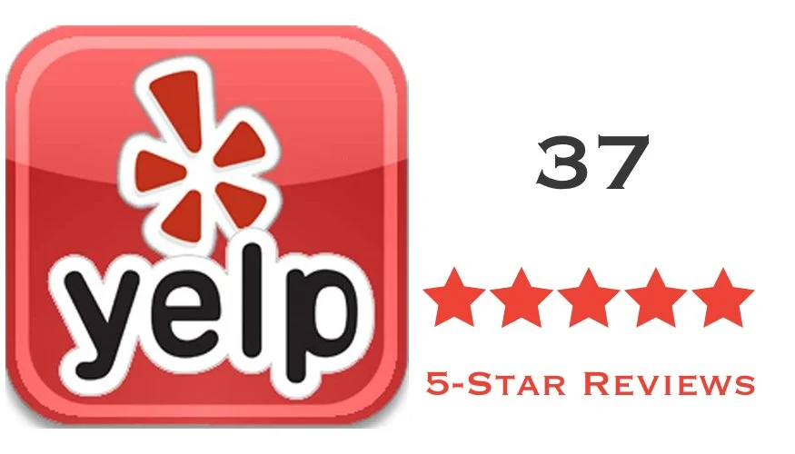 Yelp app logo with 37 reviews and a five-star rating.