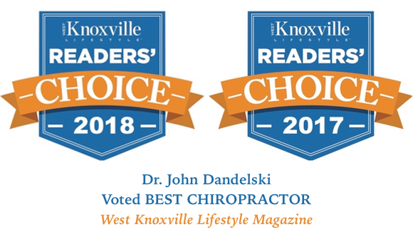 Knoxville Lifestyle Magazine Readers' Choice awards for 2017 and 2018, featuring blue badges with orange banners, and text recognizing Dr. John Dandelksi as Best Chiropractor, with additional text in blue and orange.