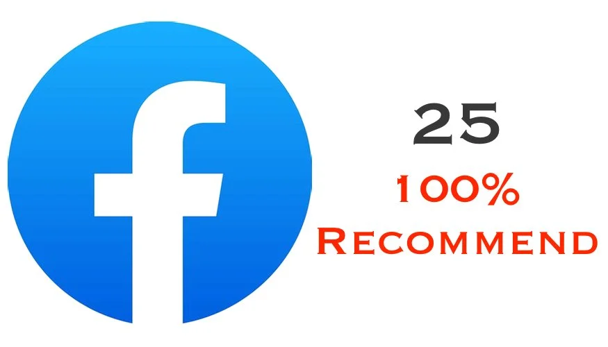 Social media review graphic with Facebook logo, the number 25, 100% recommendation, and text indicating a positive review.