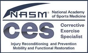 Logo for the National Academy of Sports Medicine, CES certification for Corrective Exercise Specialist, focusing on injury reconditioning, prevention, mobility, and functional restoration.