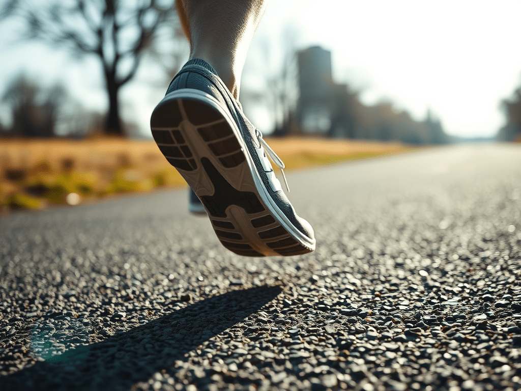 Close-up of someone running on an outdoor paved path with trees and buildings in the background during daytime.