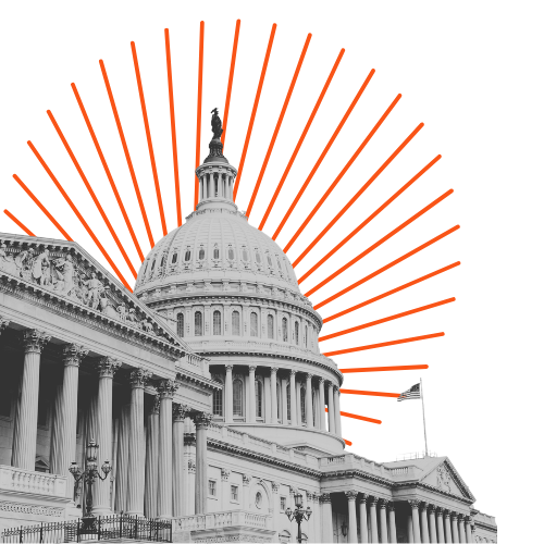 Black and white image of the United States Capitol building with a colorful, abstract background.