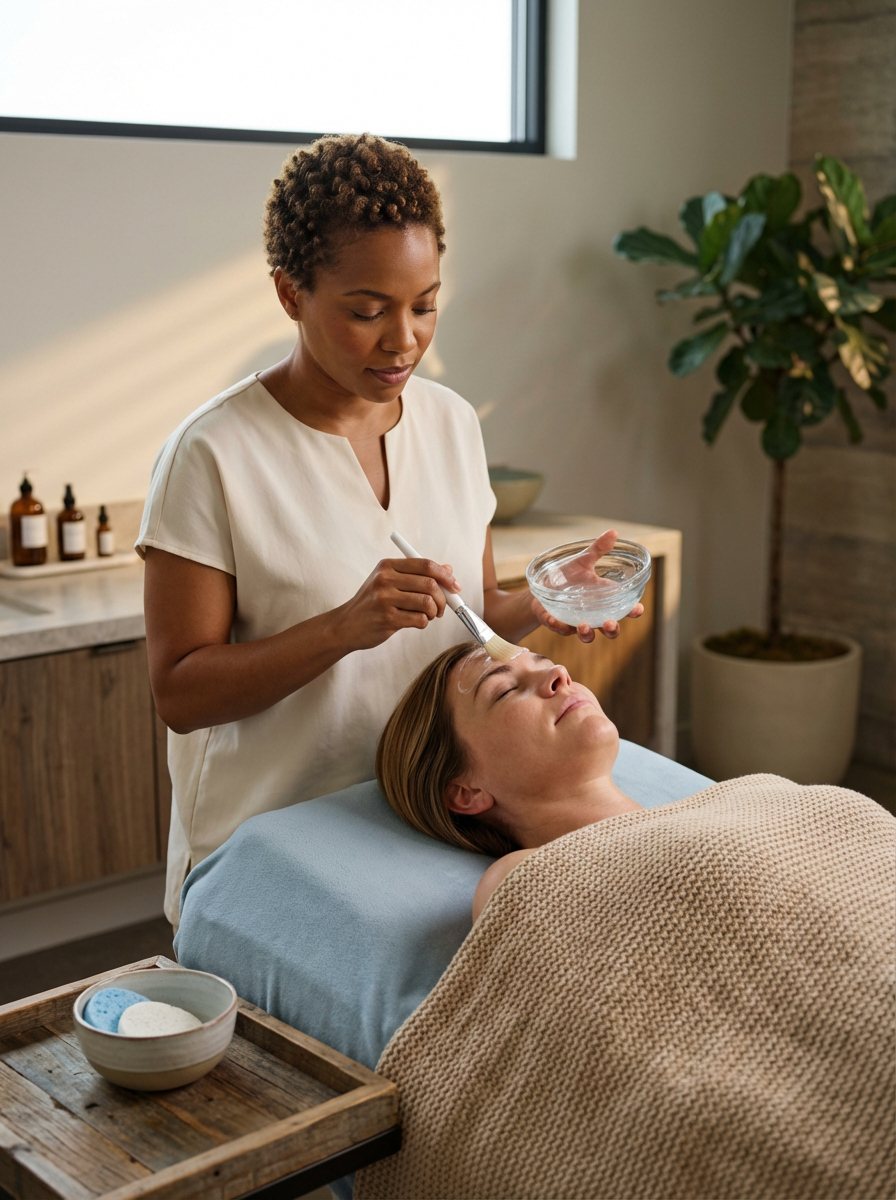 A woman receiving a facial treatment at a spa, with a spa professional applying a mask or cream on her forehead, in a relaxing, well-lit room with plants and skincare products in the background.
