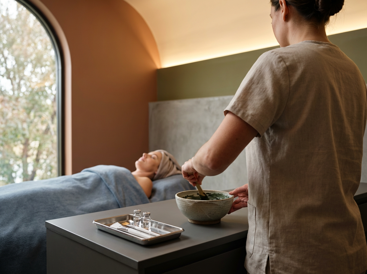 A woman lying in bed with a towel wrapped around her hair, resting with eyes closed, while another woman in beige medical scrubs stands beside her, stirring a green paste in a bowl, in a warmly lit room with a large arched window showing trees outside.