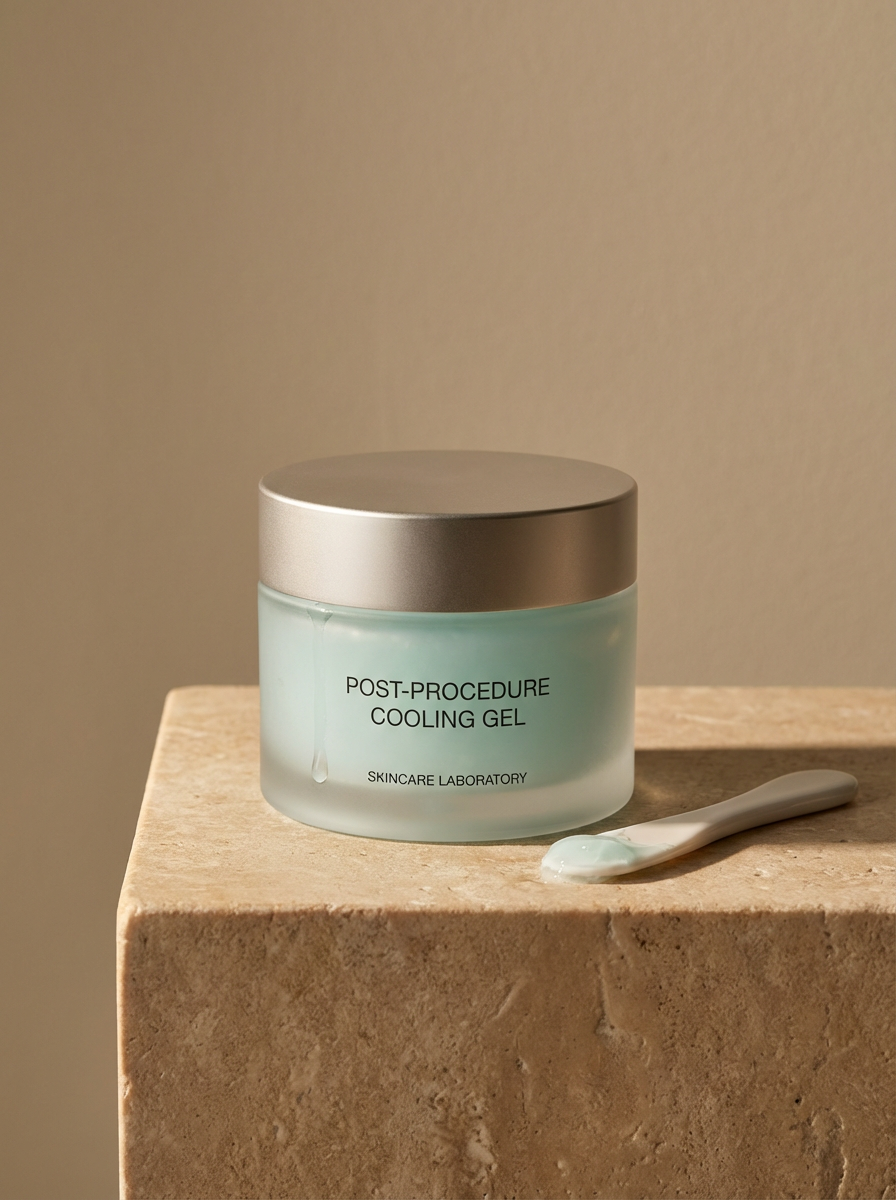 A jar of skincare cooling gel labeled "Post-Procedure Cooling Gel" on a beige stone surface with a small spoonful of the gel placed beside it. Plain background.