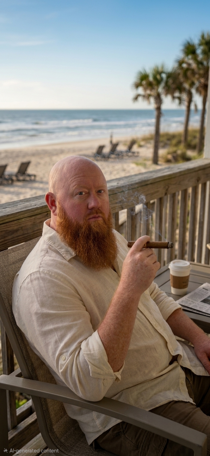 A bearded man with a bald head sitting on a patio chair with a cigarette in hand, looking at the camera. There is a paper cup and a newspaper on the table beside him. The background shows a beach with sand, lounge chairs, palm trees, and the ocean under a clear blue sky.