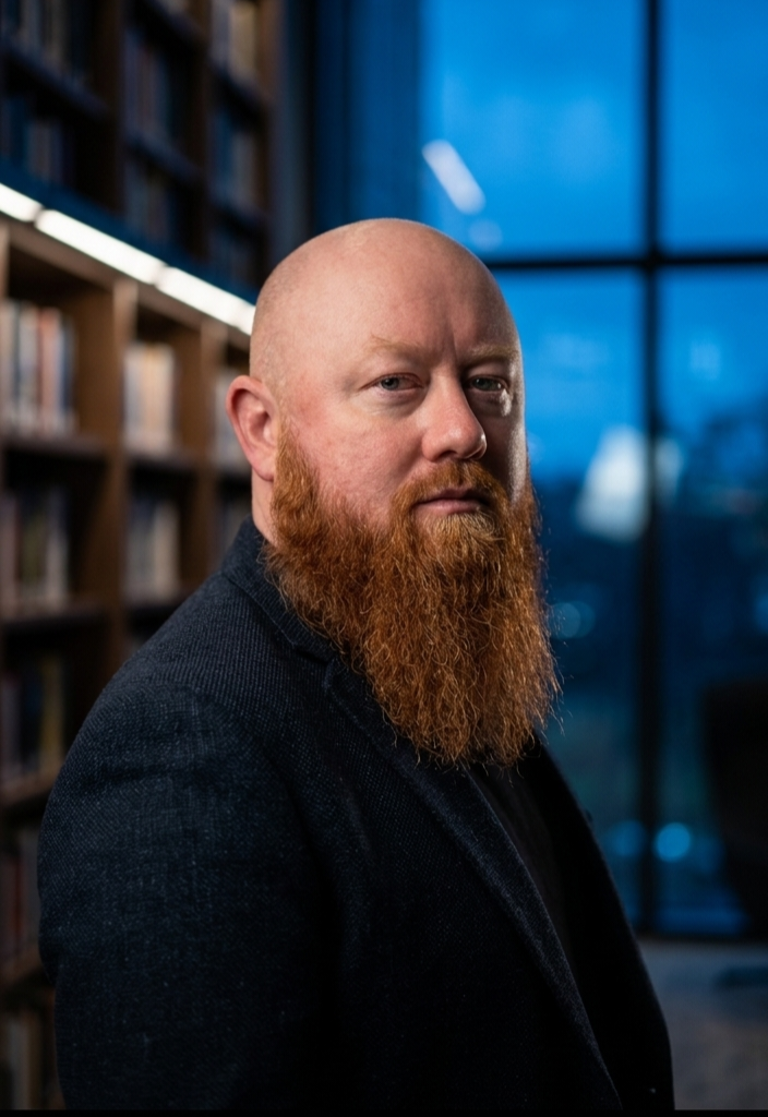 A man with a bald head and a full red beard looking at the camera in a library with bookshelves and large window in the background.