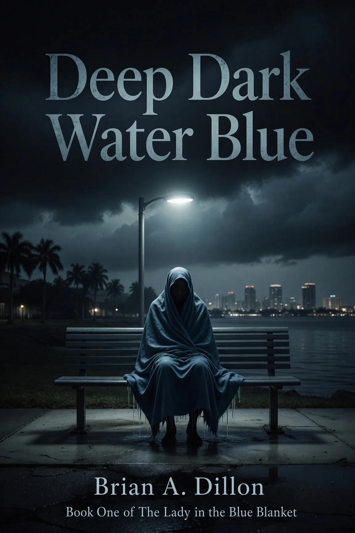 A woman wrapped in a blue blanket sitting on a park bench at night, under a streetlamp, with a city skyline and dark clouds in the background.