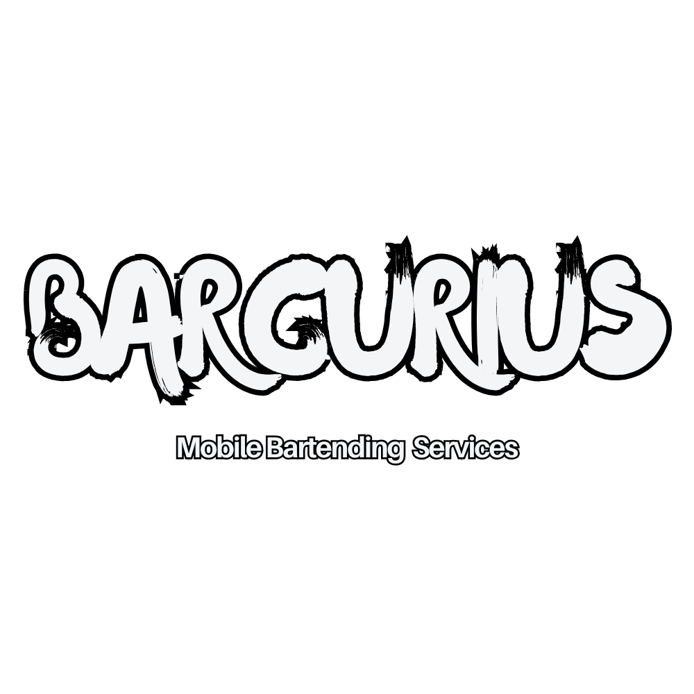 Black background with white text displaying 'BARGURUS' in a bold, brushstroke font, and smaller text underneath saying 'Mobile Bartending Services'.