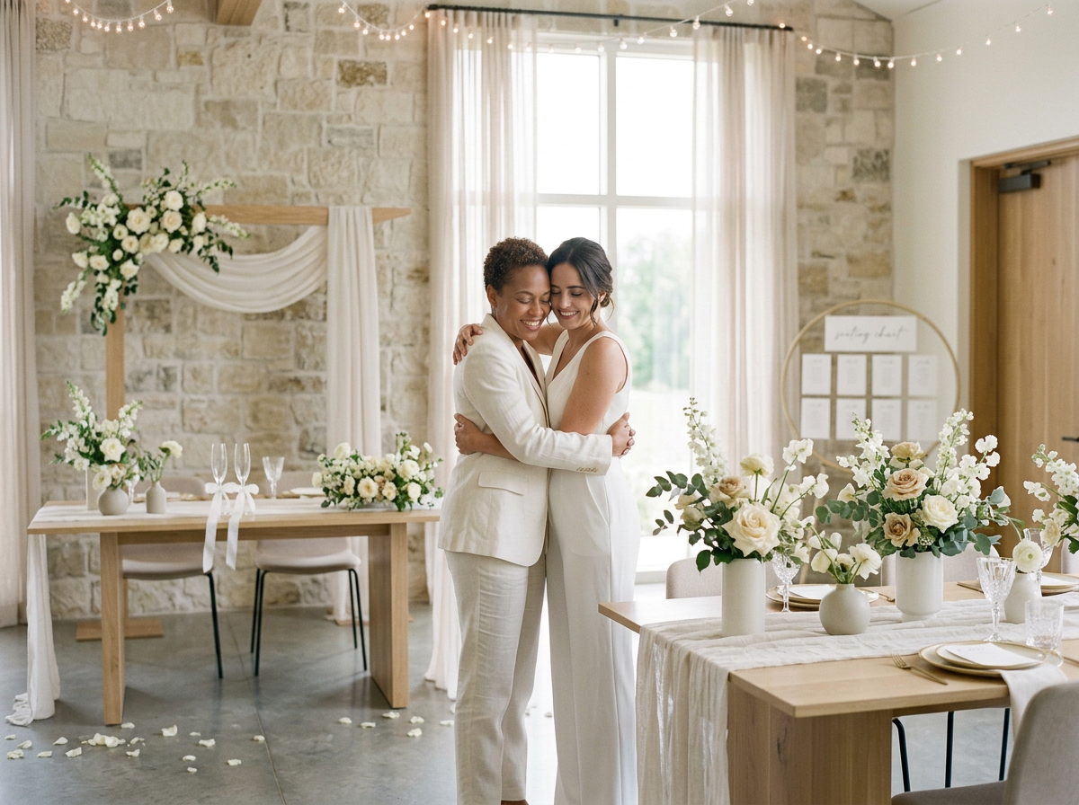 Two women, one older and one younger, embracing and smiling in a decorated reception hall with flowers, tables, and string lights.